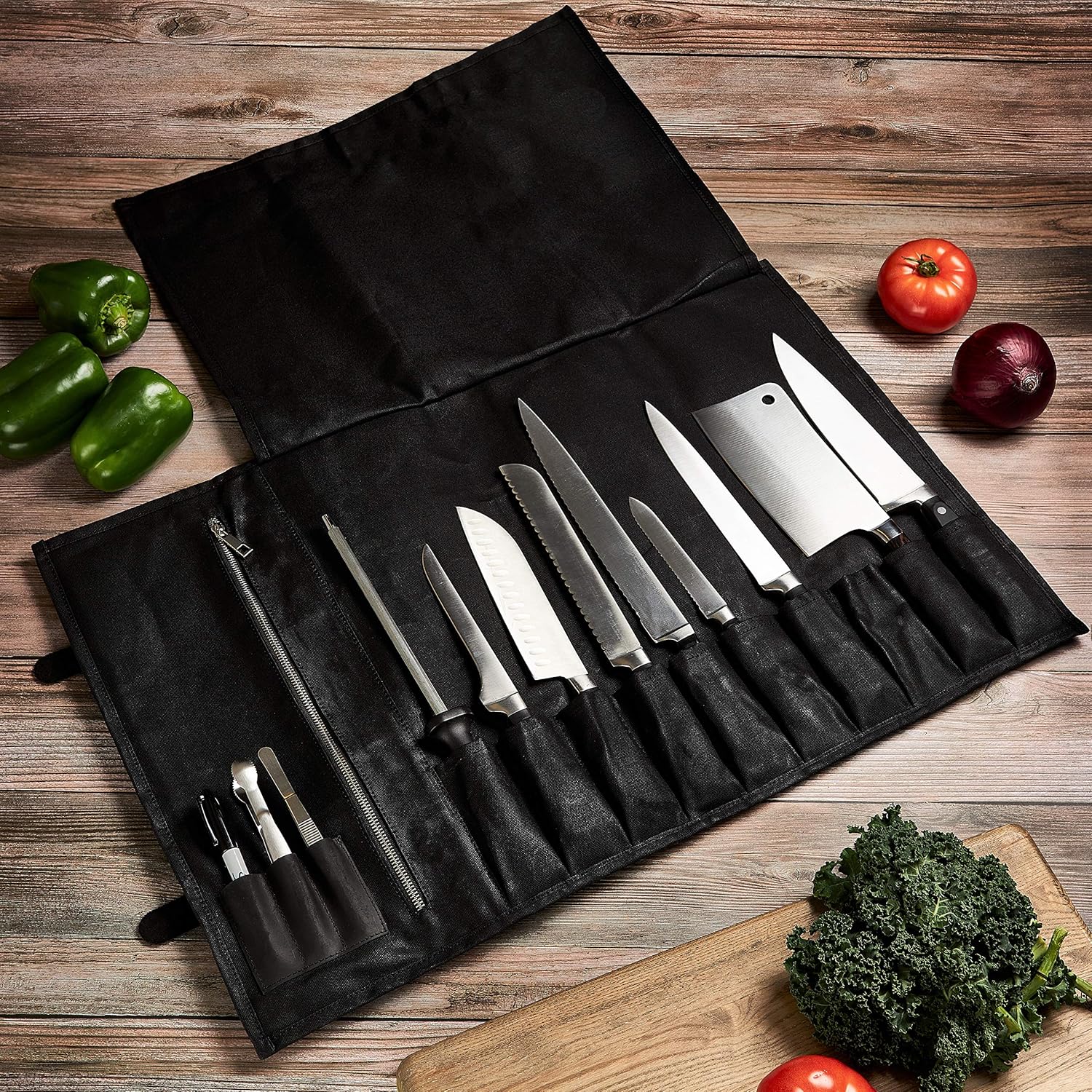 New Product Chef Knife Roll Bag - Handmade Waxed Canvas and Leather Knife Bag Stores 10 Knives + Zipper Pocket and Shoulder Strap (Black)
