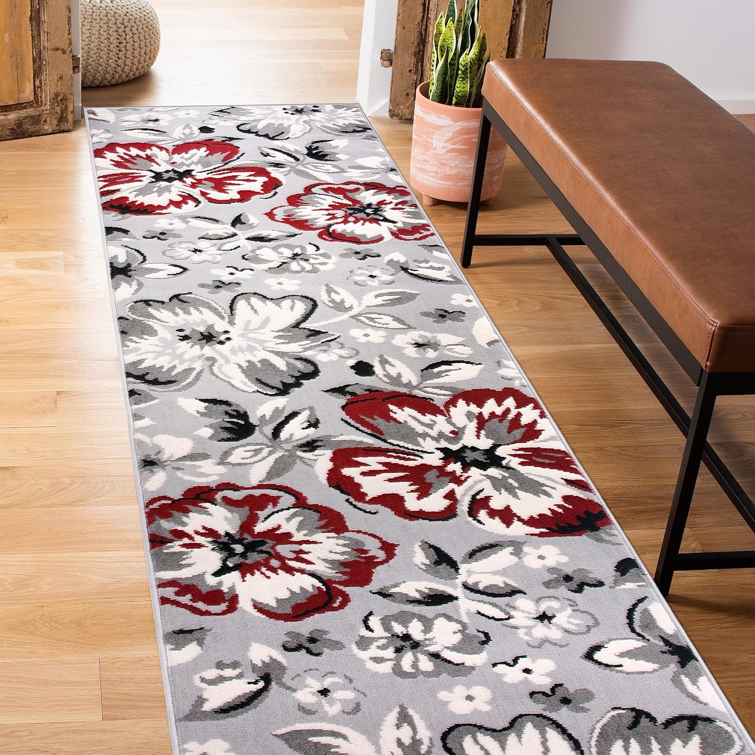 Rugshop Modern Floral Runner Rug 2' X 7' 2" Red Red 2' x 7'2"