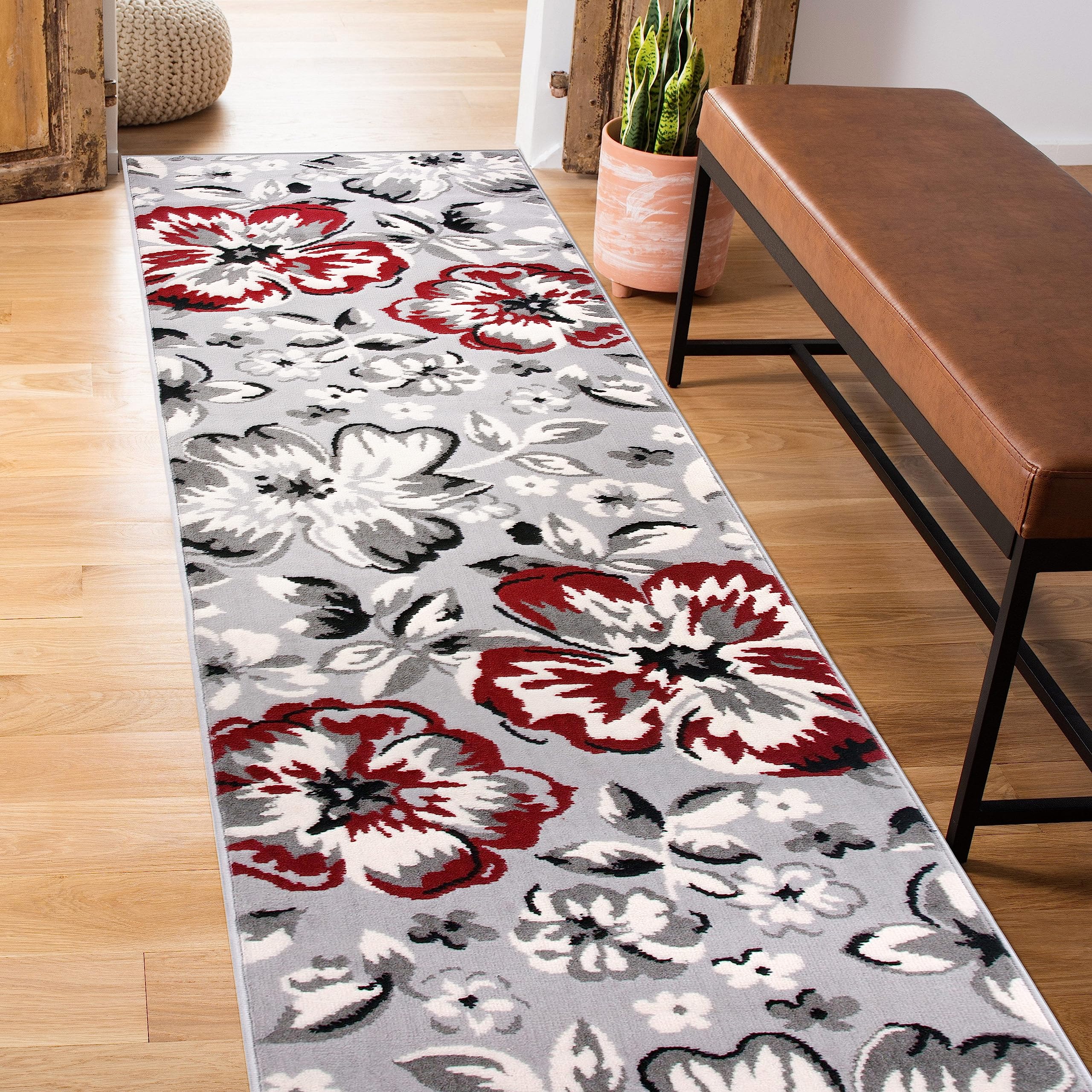 Rugshop Modern Red Floral Design Area Rug – Elegant Non-Shedding, 2' x 7' for Living Room, Bedroom, Dining Room, Kitchen