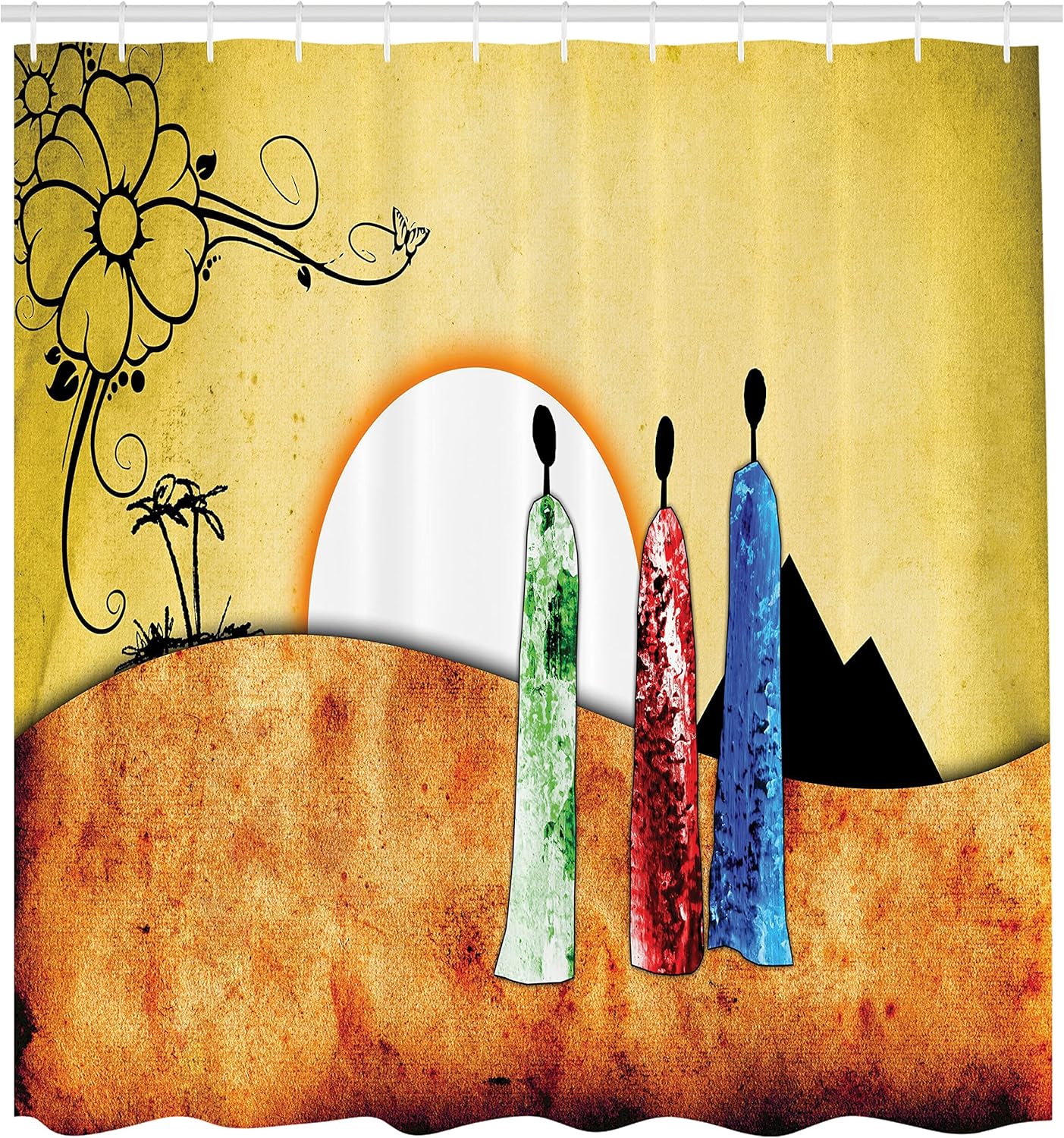 Ambesonne African Shower Curtain, People Facing Large Sun Savannah Desert Boho Wildlife Illustration, Cloth Fabric Bathroom Decor Set with Hooks, 69" W x 70" L, Pale Green Brown White