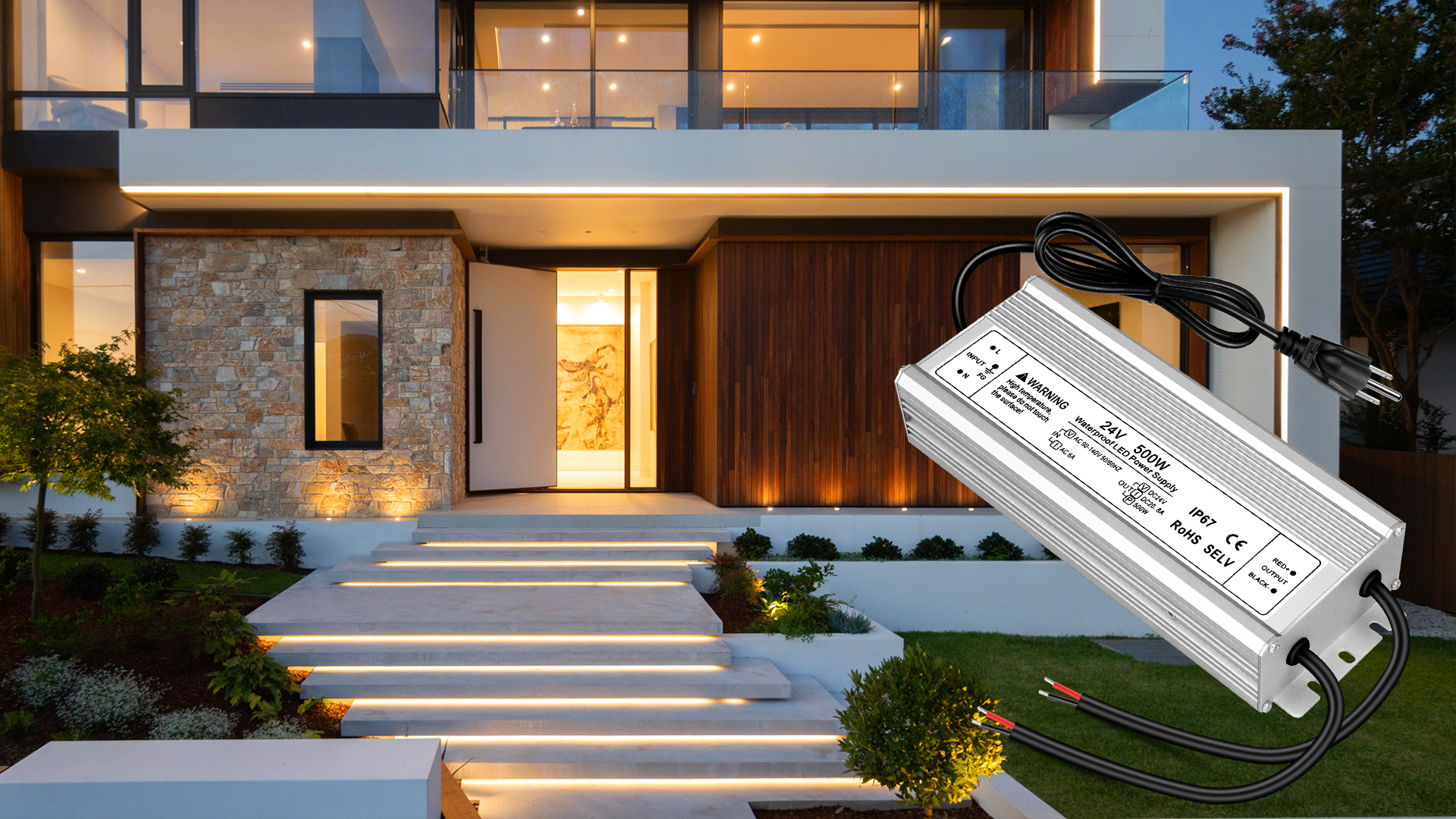 Image of 24V 500W LED Power Supply, IP67 Waterproof LED Driver, AC 110V to DC 24 Volt 20.83A Low Voltage Transformer Converter for Outdoor LED Lights, Lighting Projects & Industrial, 3-Prong Plug & 3.3FT Cable