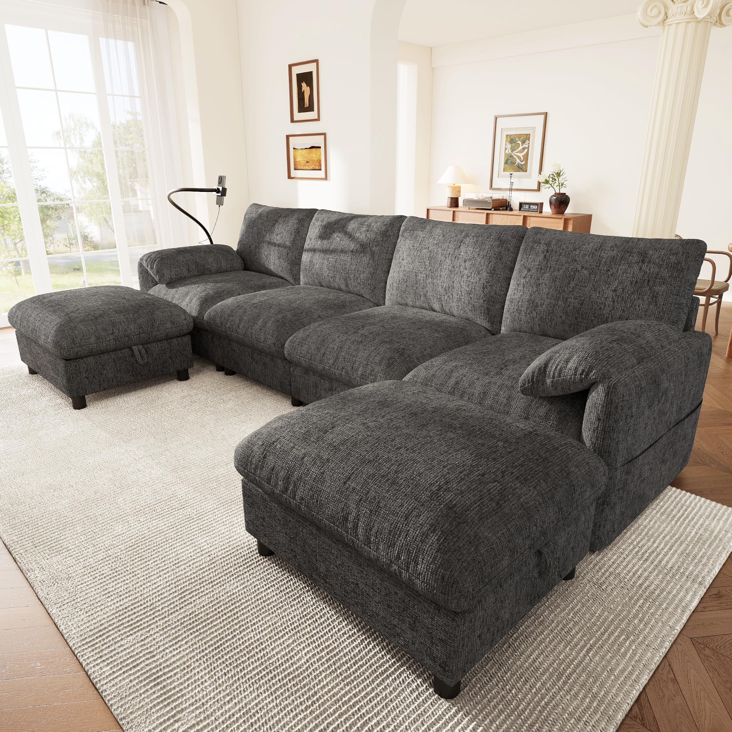 Sofa Modular Esquinero en Forma de U/L con 2 Taburetes de Almacenaje | Sofa Rinconera con USB y Soporte para Móvil, Sofas de Salon para 6 Personas, Chenilla, 273.5x133x81 cm, Gris
