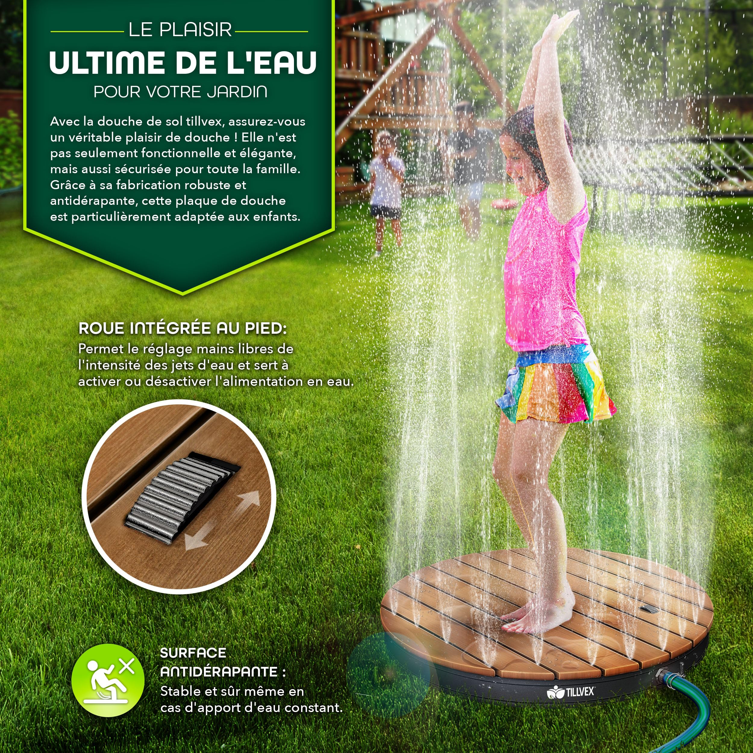 tillvex® Douche de Jardin extérieure jusqu'à 4m de Hauteur de Jet | Douche au Sol avec pédale | Douche de Camping, Sol antidérapante | Douche de Sauna (Anthracite - Rond)