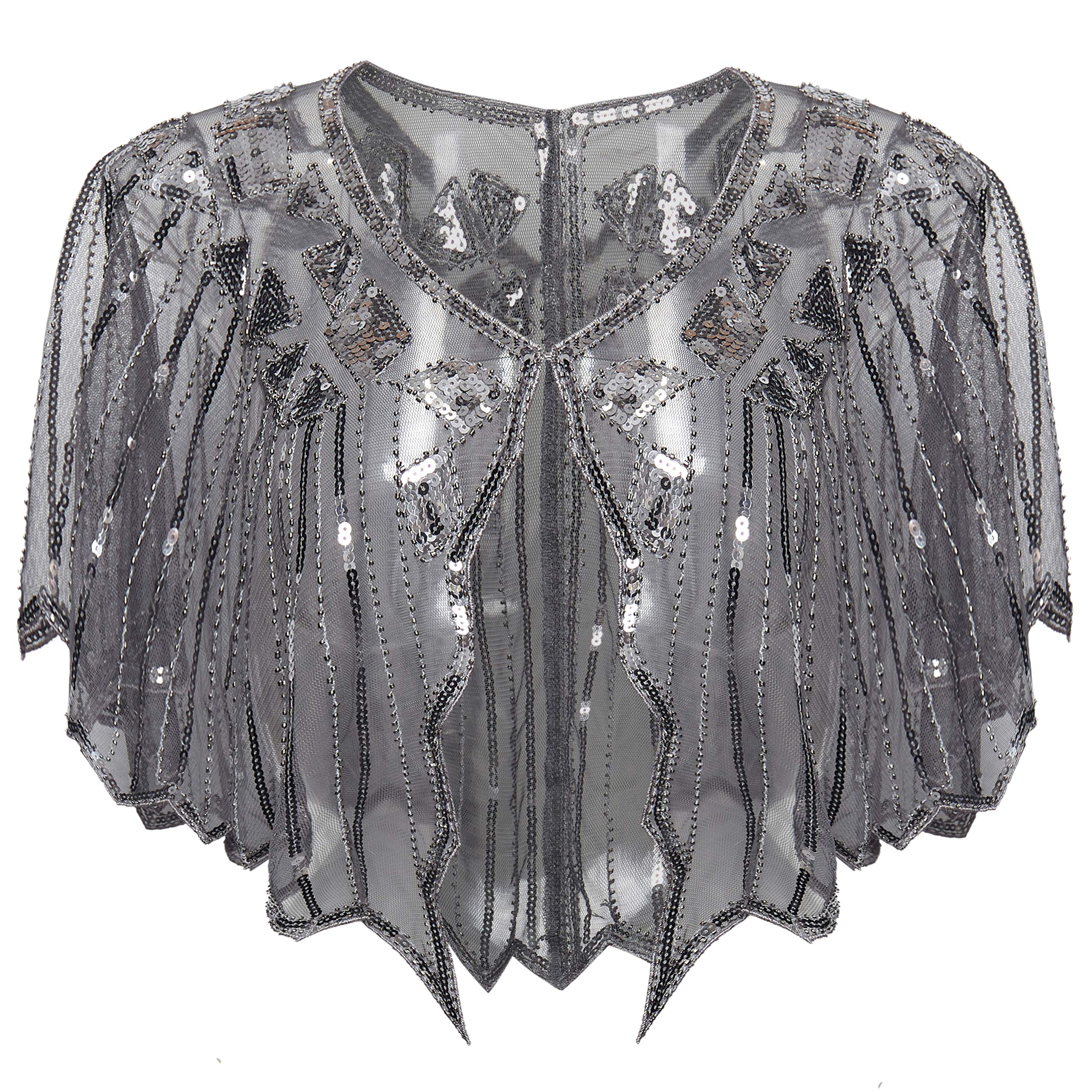 BABEYOND Sequin Beaded Art Deco Evening Cape Women's 1920s Shawl Wedding Party Shawl Scarf（Grey）