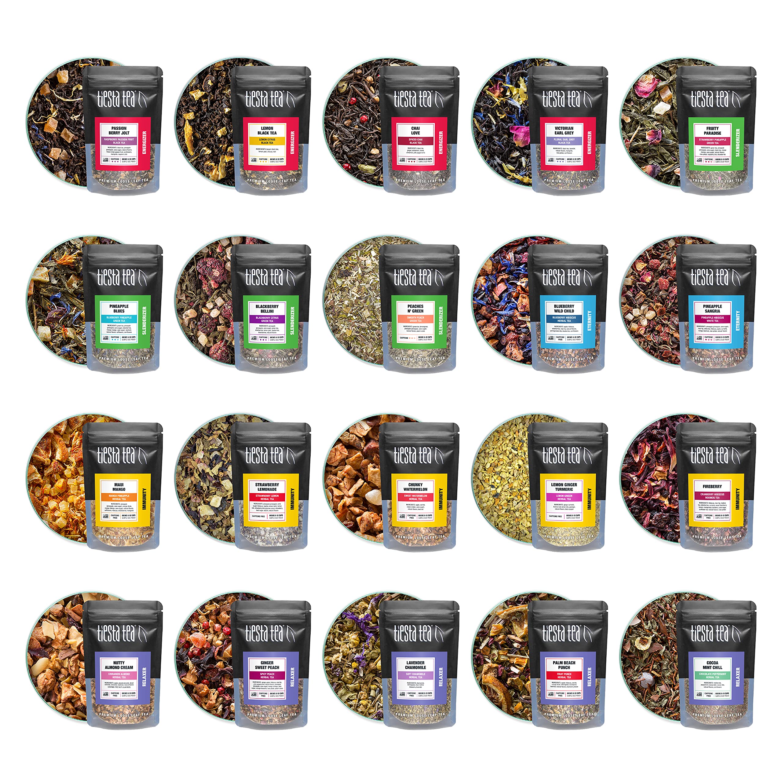 Tiesta Tea Discovery Tea Sampler Set, 20 Loose Tea Blends, Up to 200 Cups, High to No Caffeine, Hot & Iced Tea, Loose Leaf Tea Variety Pack with Green, Herbal, Black & Chai Tea, 20 Sample Pouches