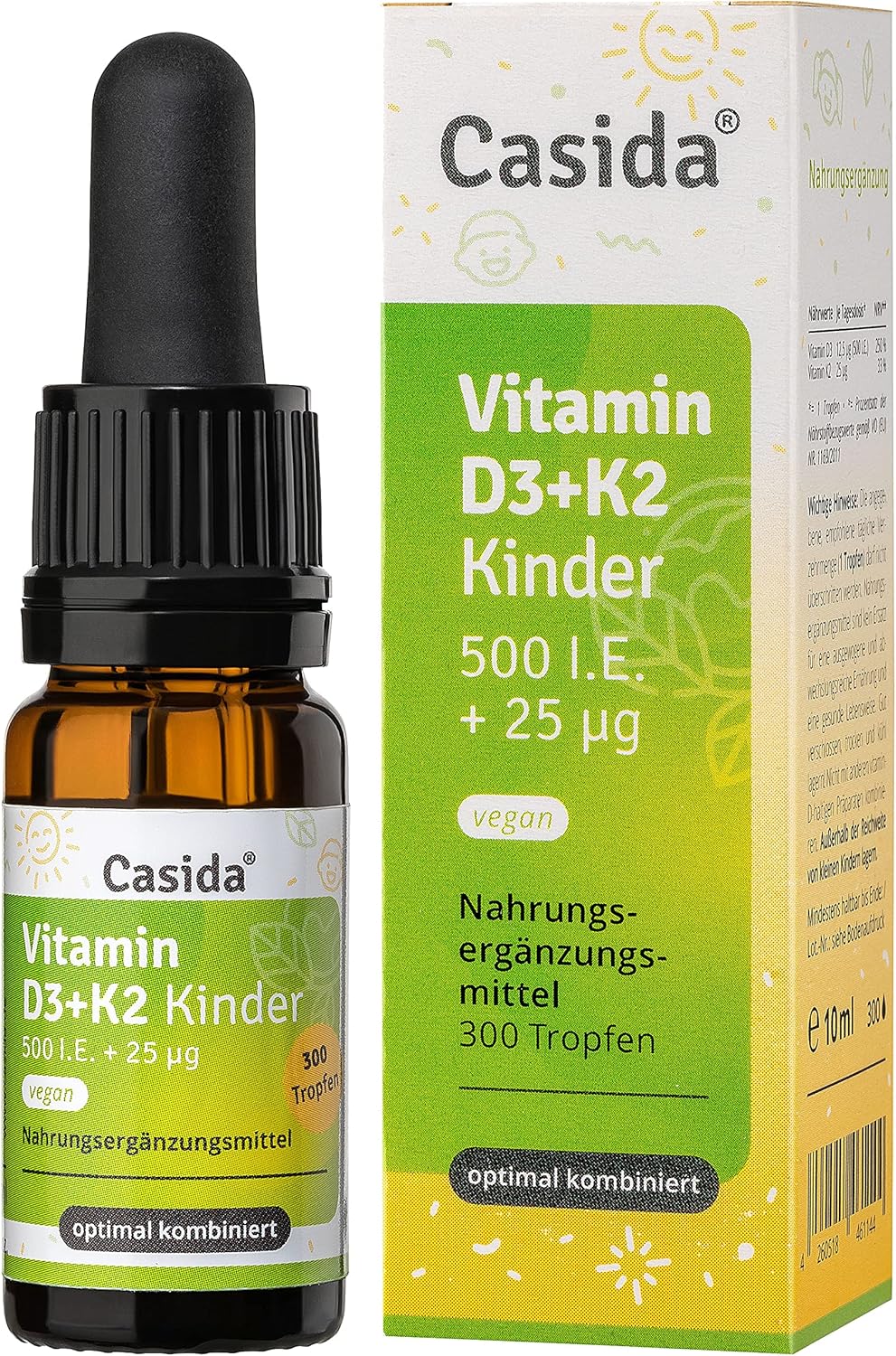 Casida® Vitamine D3 + K2 druppels kinderen veganistisch – zeer biologisch beschikbaar met 25 µg vitamine K2 (all-trans MK-7) en 500 IE vitamine D3 uit korstmossen – vloeibaar en optimaal gecombineerd
