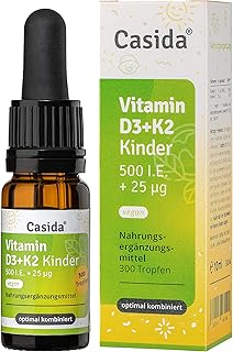 Casida Vitamin D3 + K2 Tropfen Kinder VEGAN - Hoch bioverfügbar mit 25 µg Vitamin K2 (All-trans MK-7) und 500 IE Vitamin D3 aus Flechten - flüssig und optimal kombiniert - Aus der Apotheke - 10 ml
