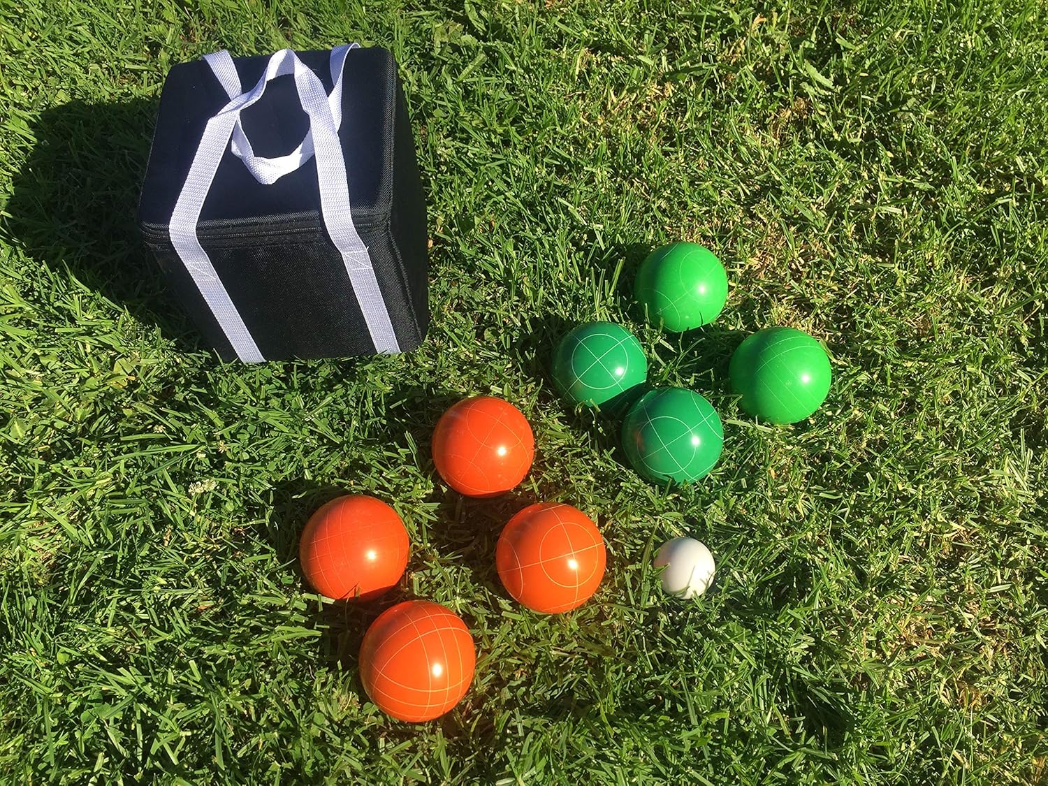 BuyBocceBalls Listing - Unique Bocce Set - 107mm with Green and Orange Balls, Black Bag