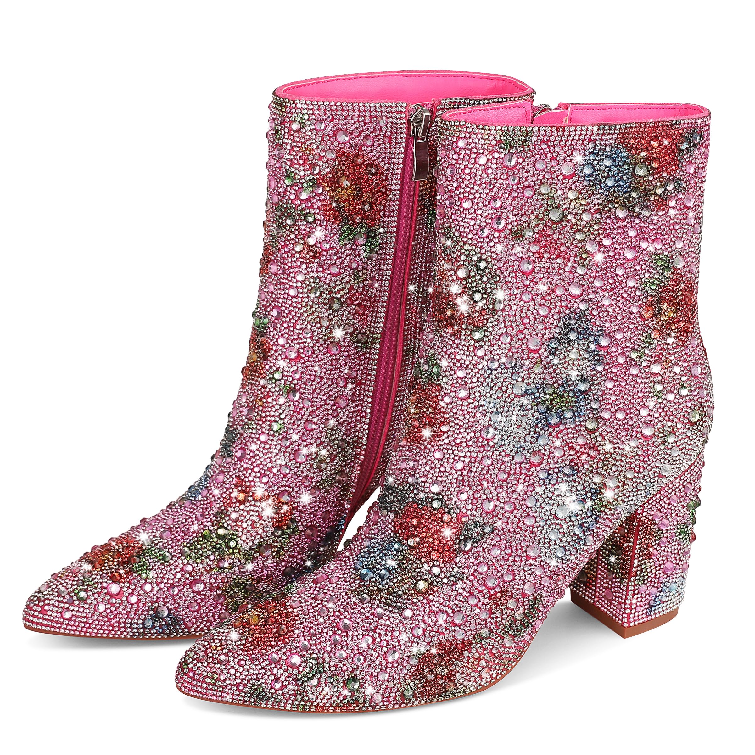 ErocalliRhinestone Boots for Women Ankle Boots Sparkly Glitter Chunky Heel Hot Dressy Party Prom Date