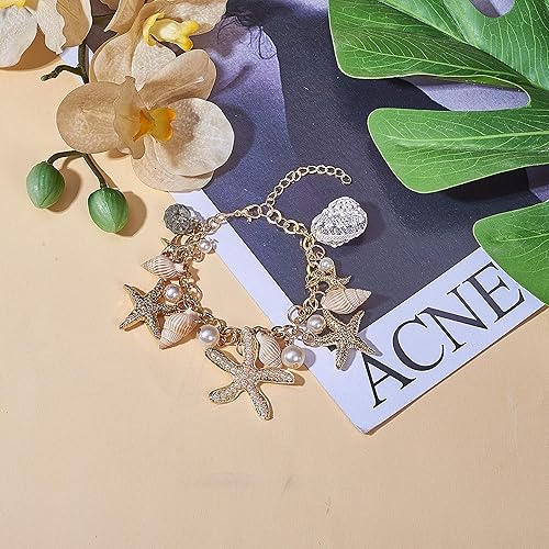 Miniatura 7 de PH PandaHall Pulseras de concha de estrella de mar, pulsera de perlas de imitación de concha de estrella de mar, pulsera bohemia ajustable de concha