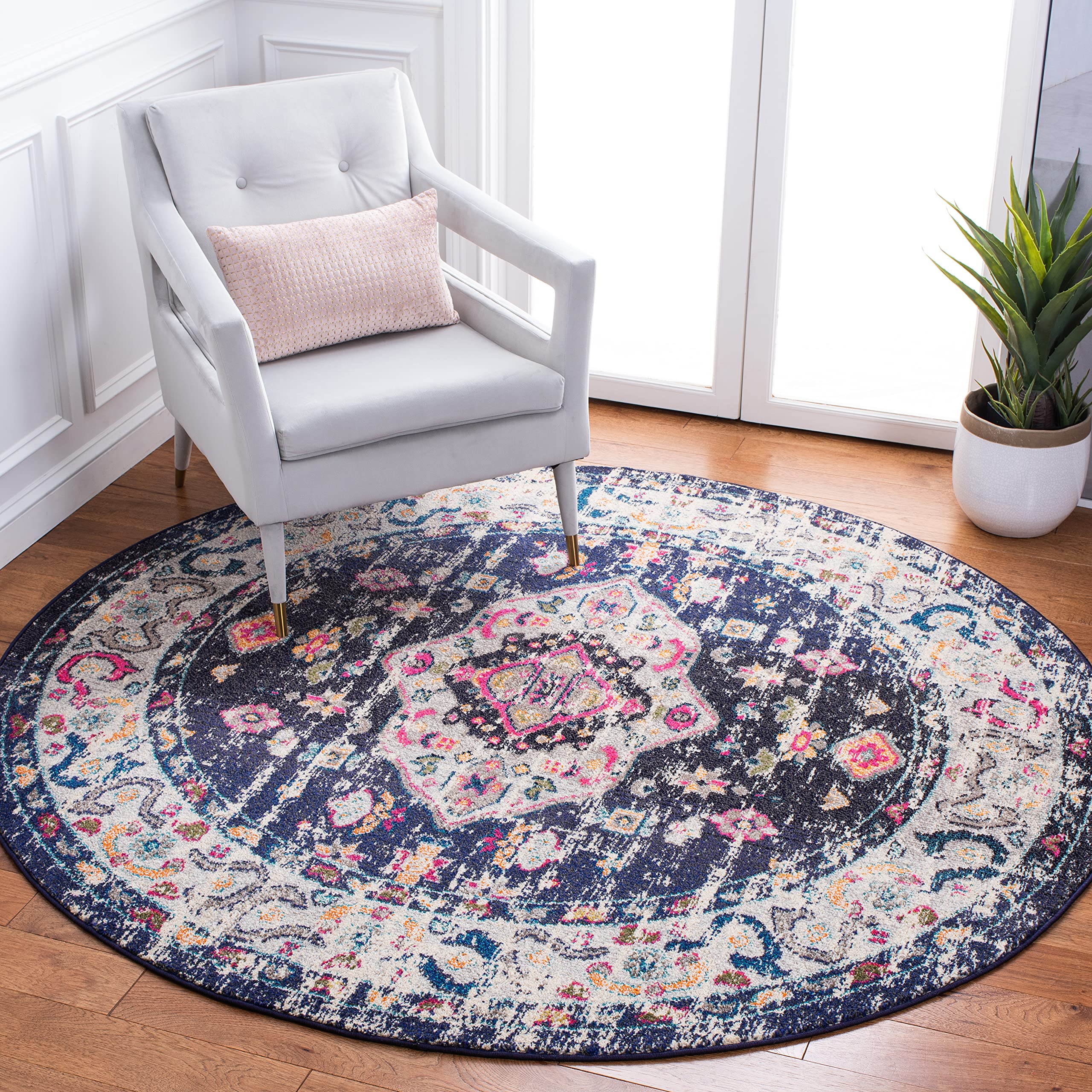 SAFAVIEH Madison Collection 6'7" Round Navy/Ivory MAD468N Boho Chic Medallion Distressed Non-Shedding Dining Room Entryway Foyer Living Room Bedroom