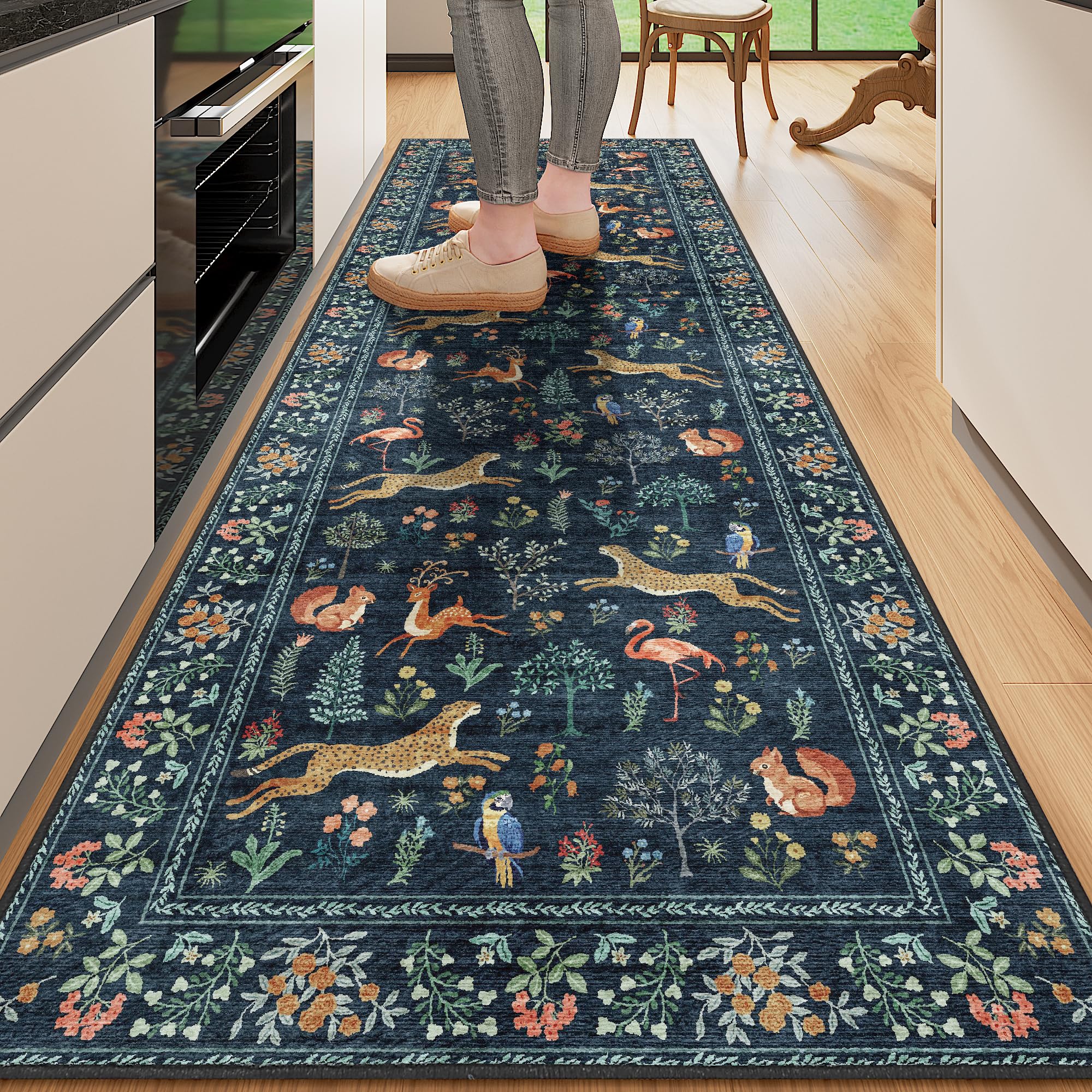 DUKINO 2x6 Rug for Hallway, Washable Kitchen Runner Rug with Non Slip Backing, Soft Low Pile Vintage Animal Runner for Bedroom, Kitchen, Hallway,
