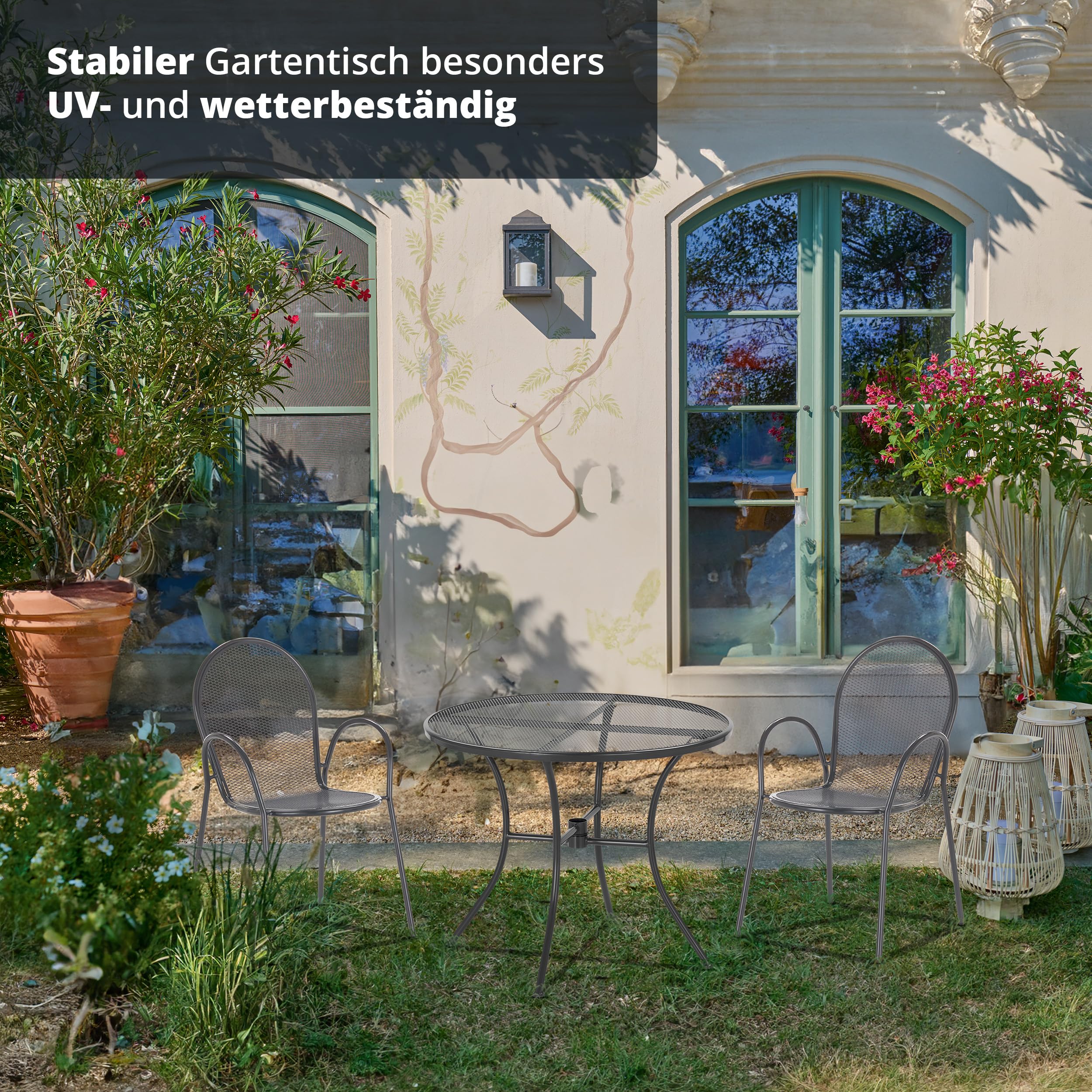 KHG Gartentisch Anthrazit, wetterfestes Eisen-Gestell, für 2 Personen, runder Balkontisch, Outdoor 71x90x90 cm, 50 kg belastbar