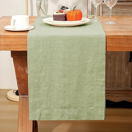 Camino de mesa de lino de 14 x 90 pulgadas, 100% lino francés verde salvia para el día de San Valentín, primavera, Pascua, comedor, boda, fiesta,