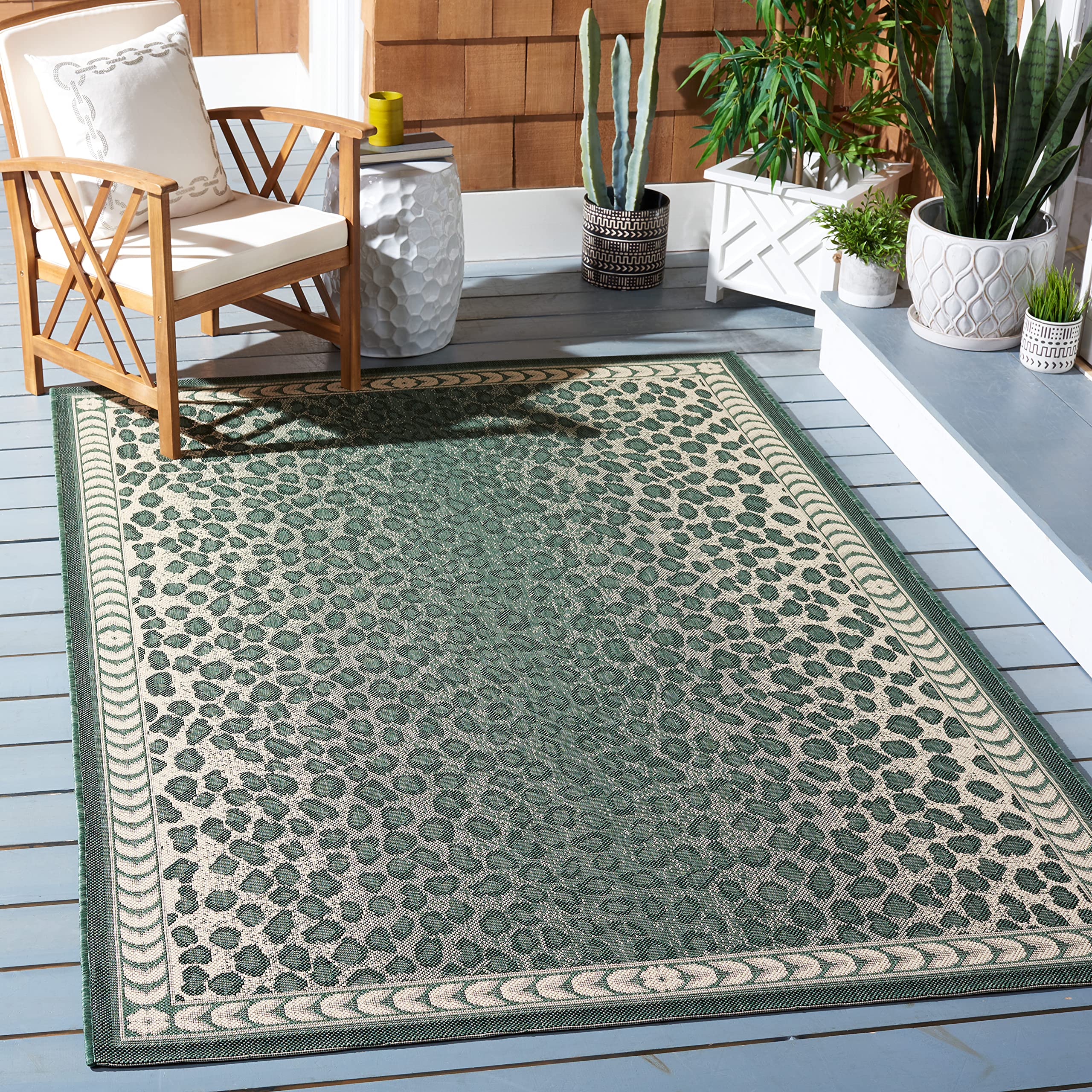 SAFAVIEH Washable Rug Outdoor Courtyard Collection - 8' x 10', Dark Green & Ivory, Non-Shedding & Easy Cleaning, Ideal for Patio, Backyard, Mudroom, DIning Space (CY6100-32212)