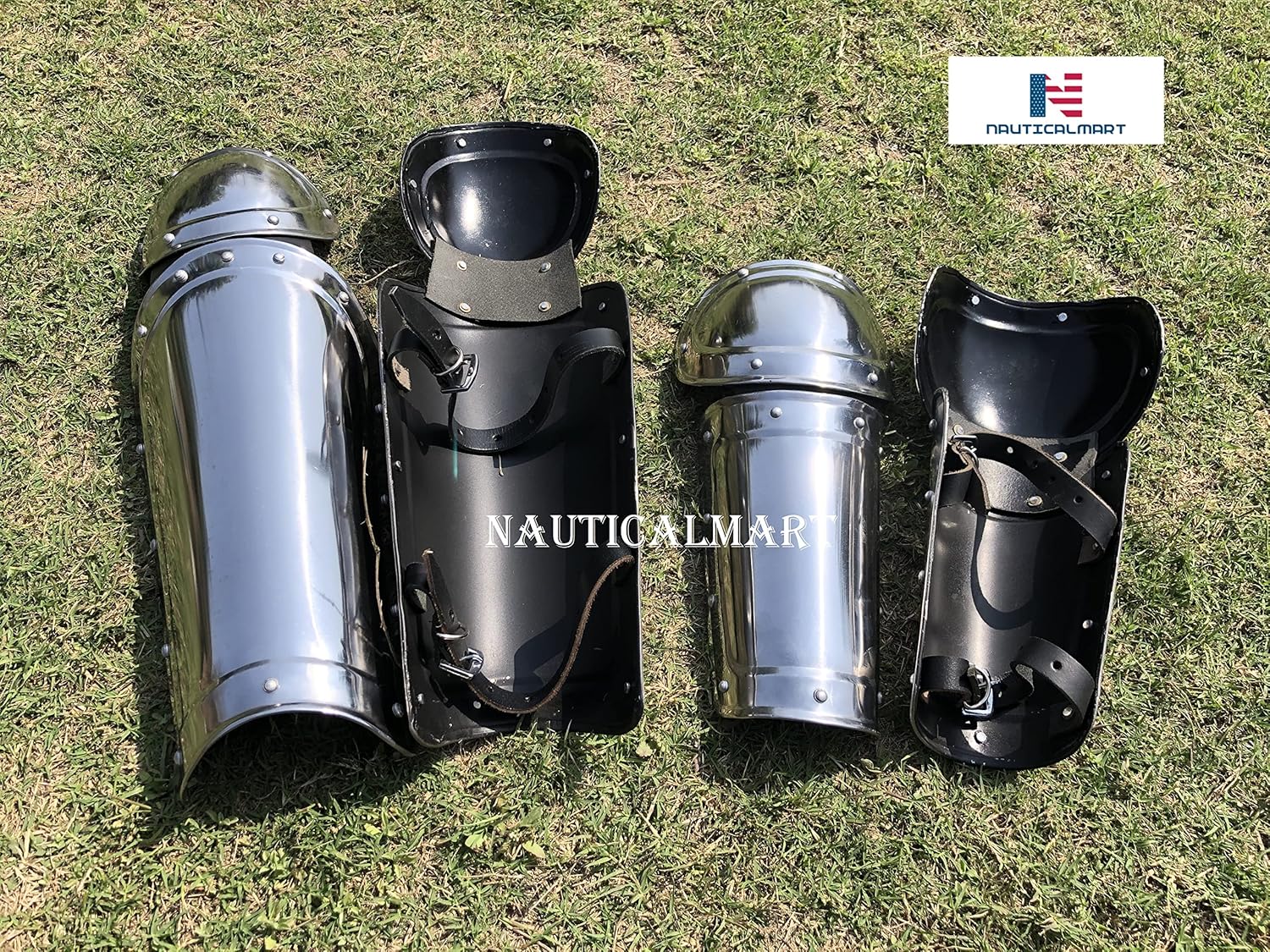 Medieval Armor Set - 18 Gauge Steel Bracers with Greaves for LARP and Reenactment - Authentic Handmade Arm Guard with Leg Armor Adjustable Leather Straps for Collectors - Image 7