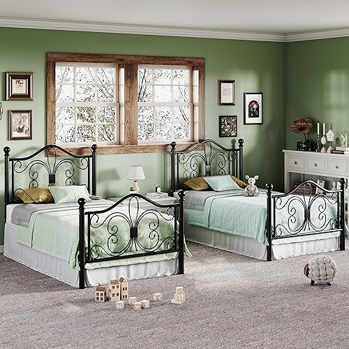 Miniatura 5 de Allewie Base de cama de tamaño individual para niños, marco de cama de metal con cabecero y estribo de diseño de mariposa, no necesita somier, fácil
