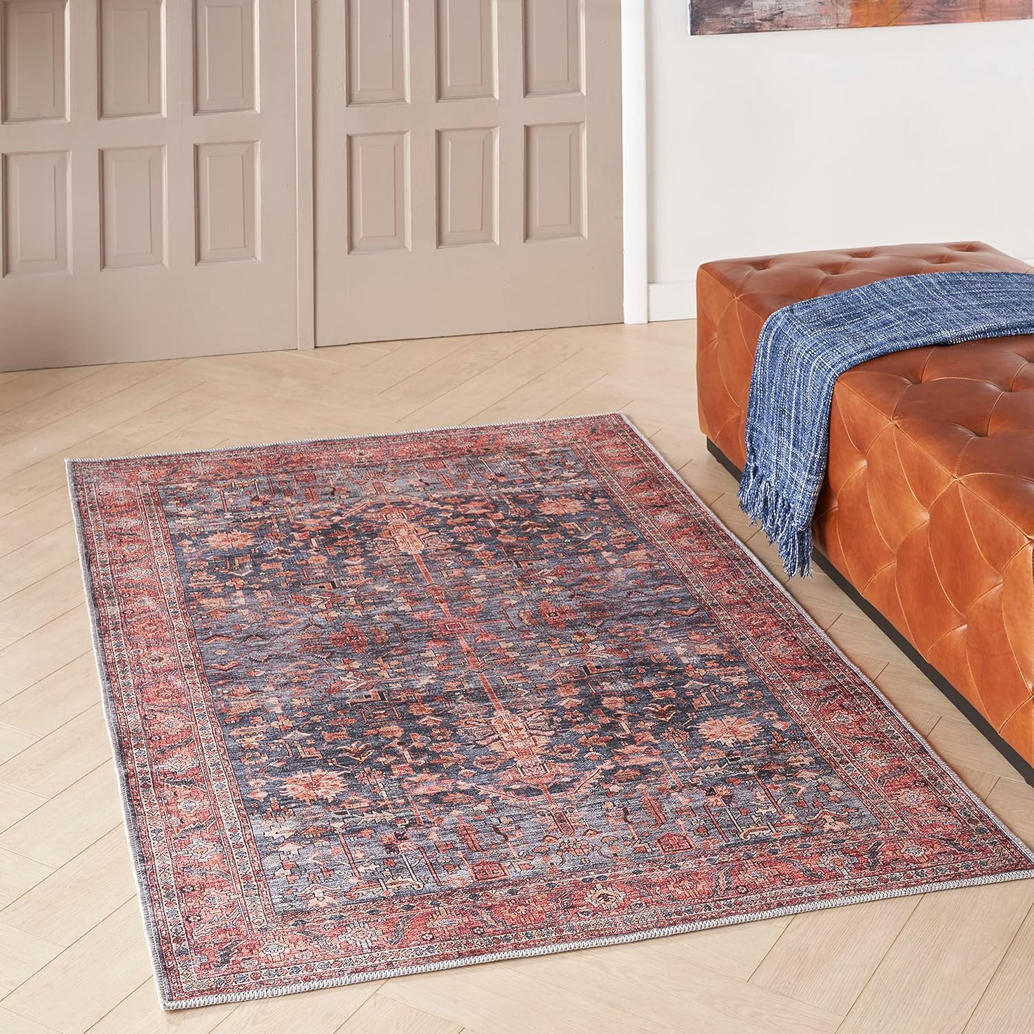 Nourison Home Brilliance Machine Washable Traditional Vintage Navy/Brick 4' x 6' Area -Rug, Easy -Cleaning, Non Shedding, Bed Room, Living Room, Dining Room, Kitchen (4x6)