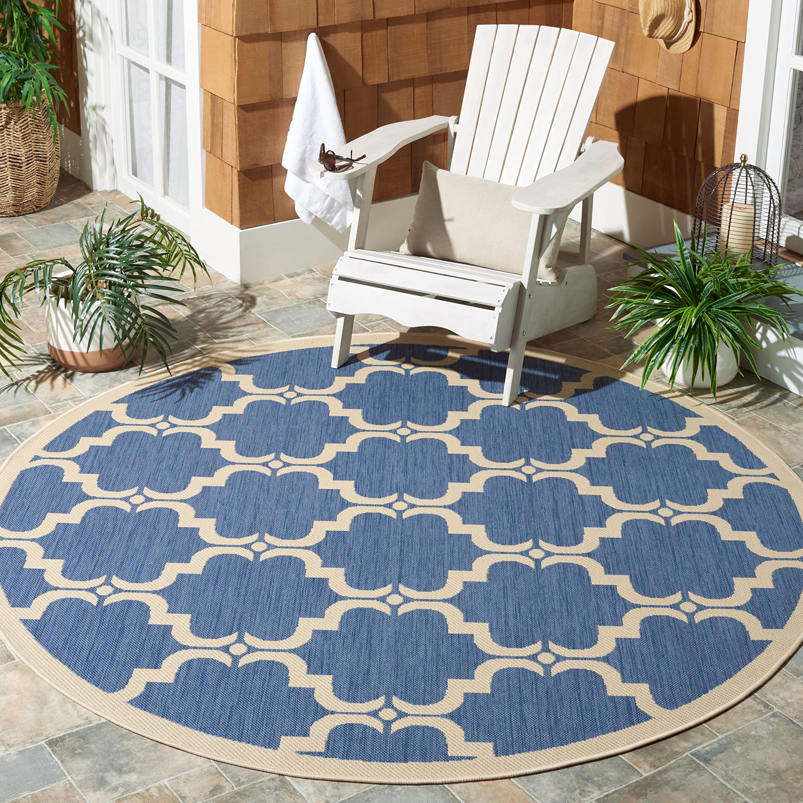 SAFAVIEH Courtyard Collection 7'10" Round Blue/Beige CY6009 Trellis Indoor/ Outdoor Waterproof Easy Cleaning Patio Backyard Mudroom Area Rug