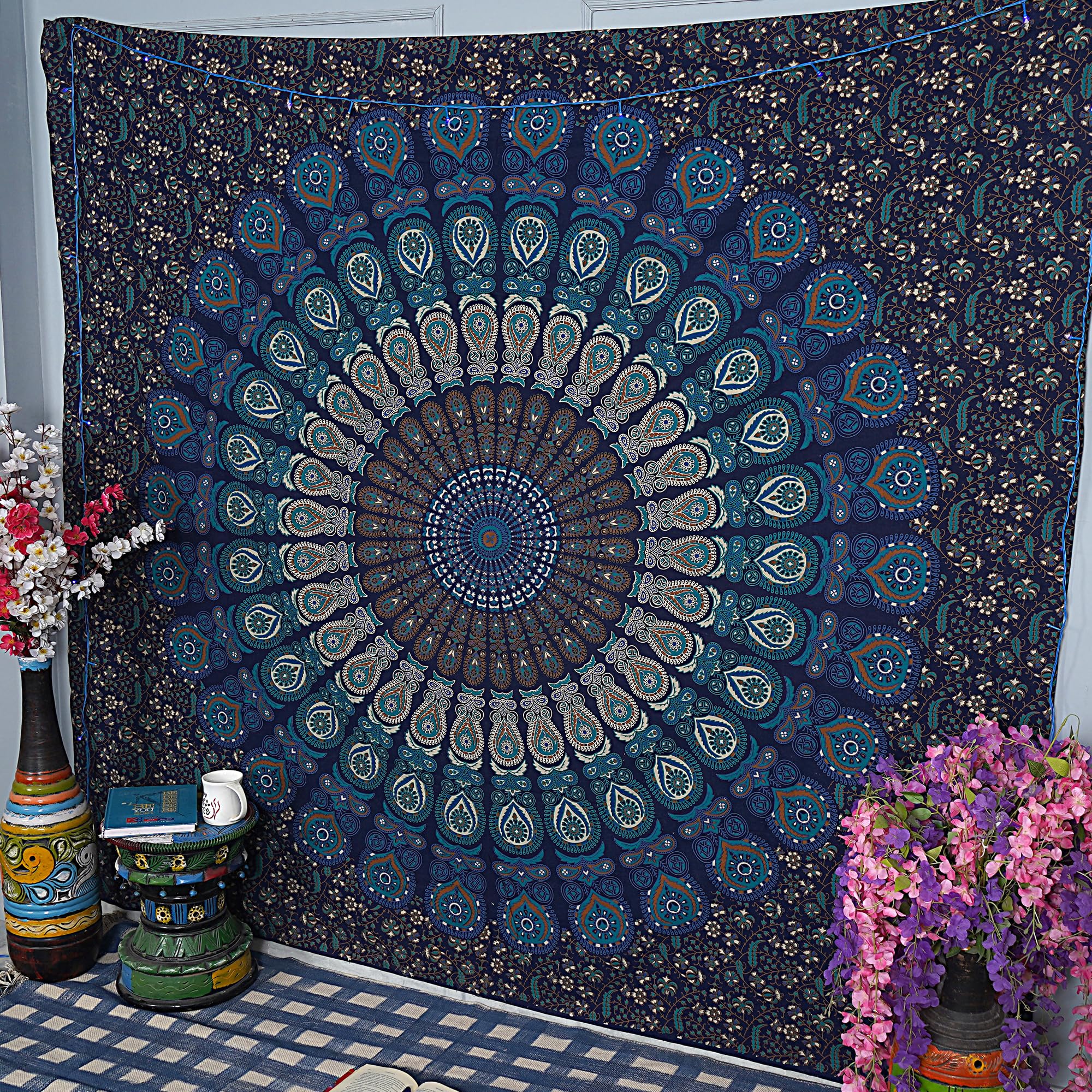 FURNISHFUL FINESSE Peacock Mandala Tapestry for Bedroom Living Room Décor, Cotton Boho Bohemian Wall Hanging Tapestries - 84x90 Inches, (Navy Blue & Green)