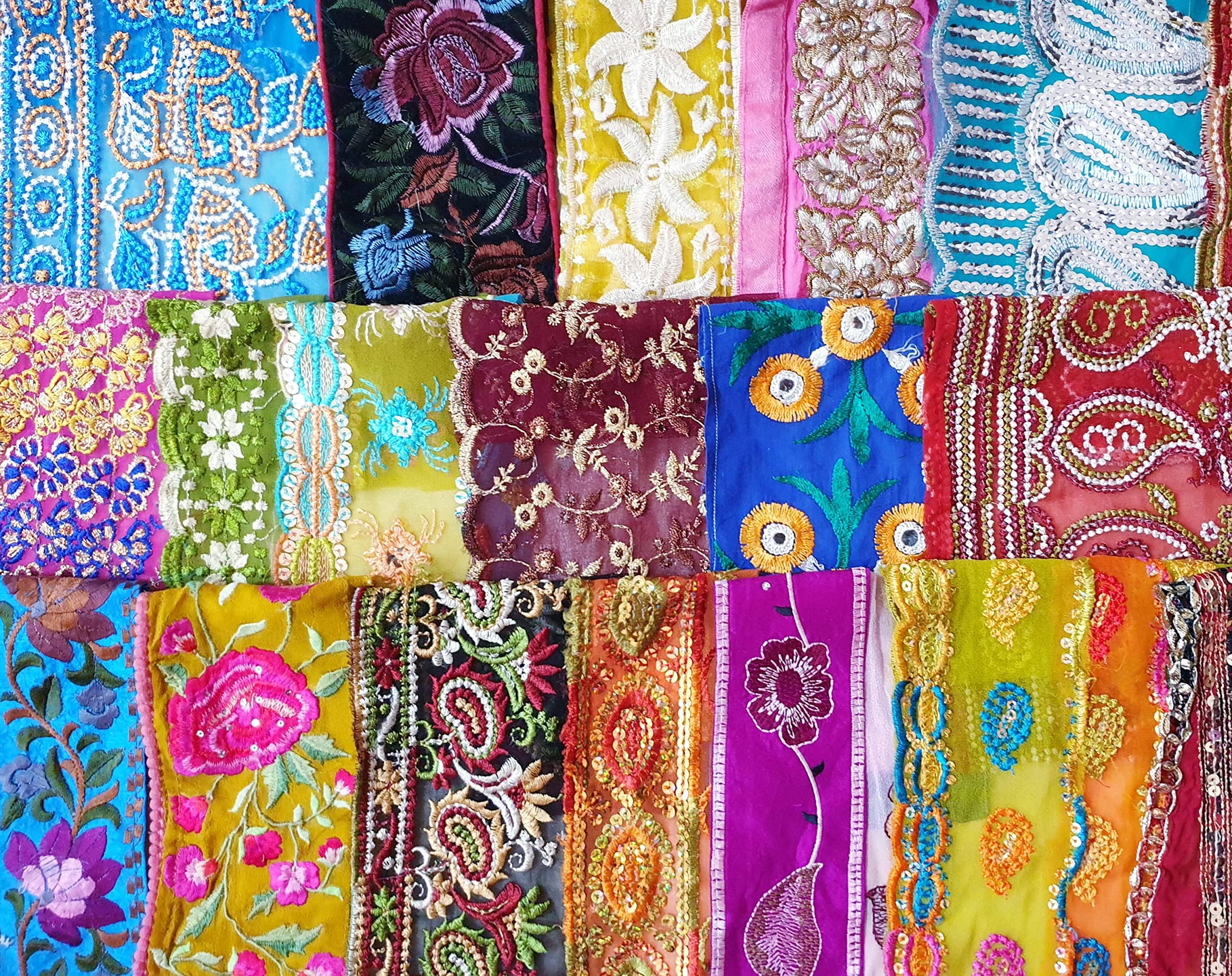 Vintage Fabrics Crafts Antique Vintage Sari Trim Lace Lot Ribbon 20 Pcs Embroidery Zari Sequins Dolls Art Craft Scrapbook Borders Home Decor India Journal FBA Random DS30