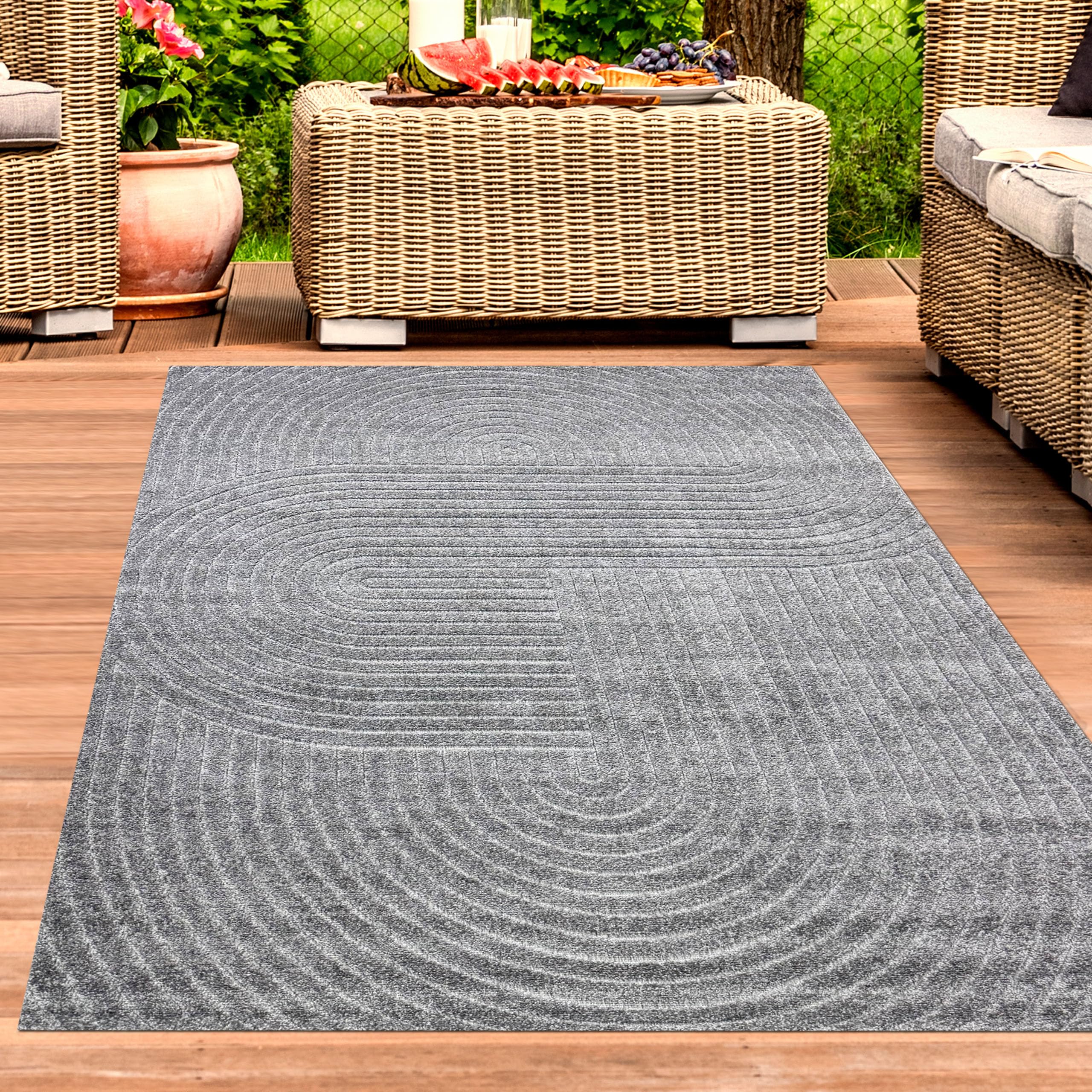 CARPETIA In- & Outdoor Teppich Boho-Muster Anthrazit Wetterfest 140x200 cm