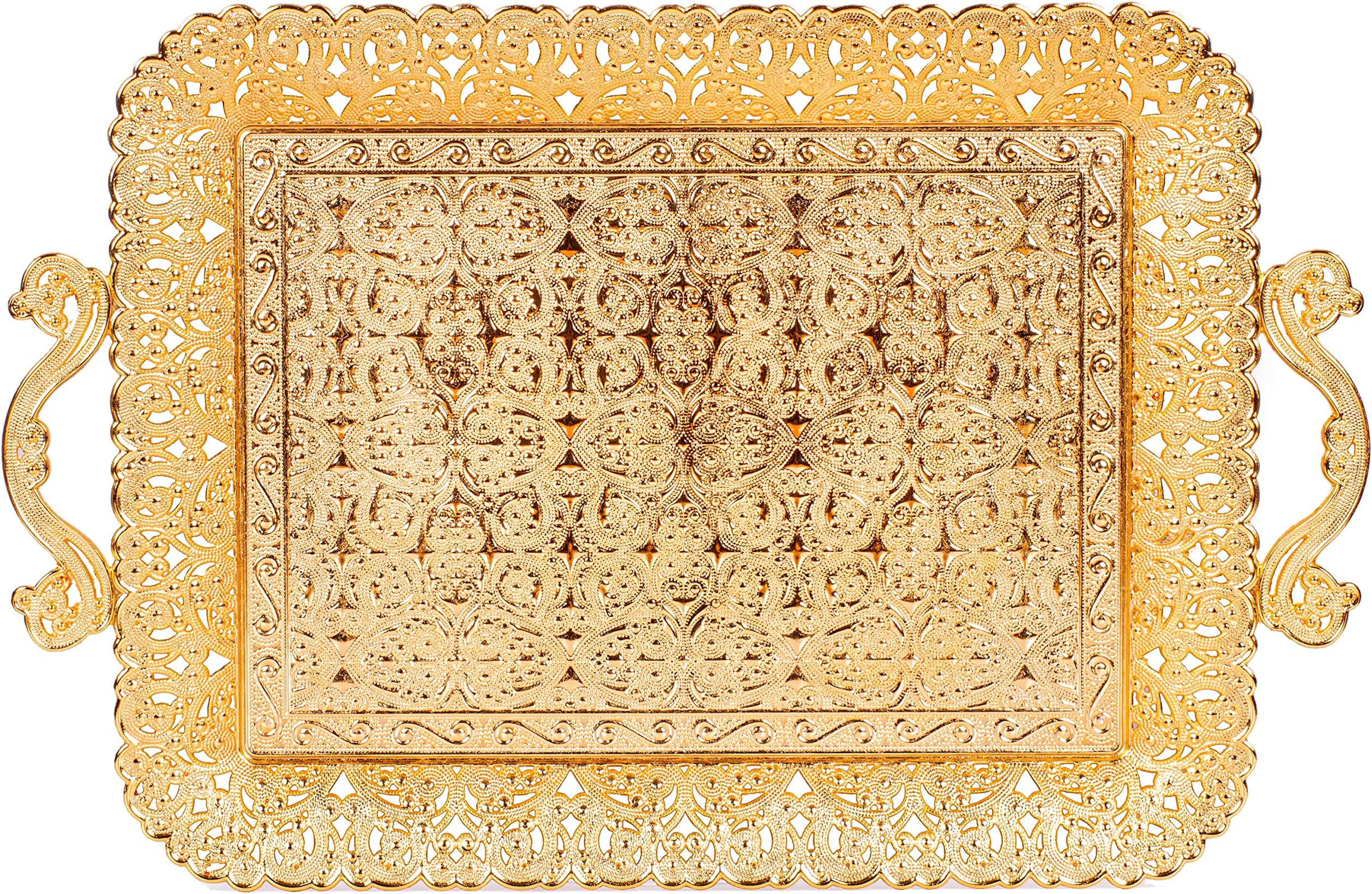 Alisveristime Turkish Ottoman Authentic Floral Design Zamak Serving Tray for Coffee & Tea (16.50 in x 11 in) (Gold)