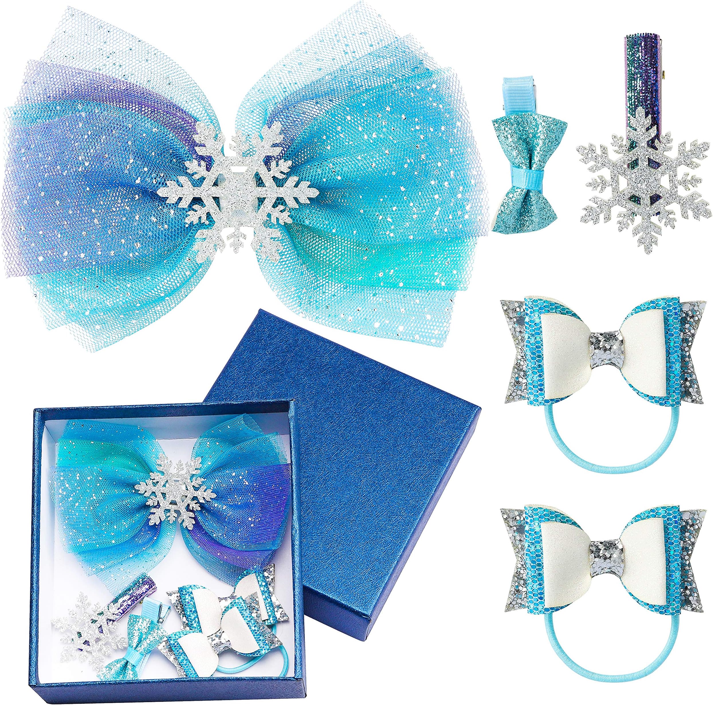 GROBRO7 6Pack Frozen Hair Accessories Set Frozen Hair Clips Scrunchies Blue Alligator Hair Barrettes Bow Bands Christmas Snowflake Barrettes Princess Dress Up Kit Mesh Hairpin with Box for Girls Women