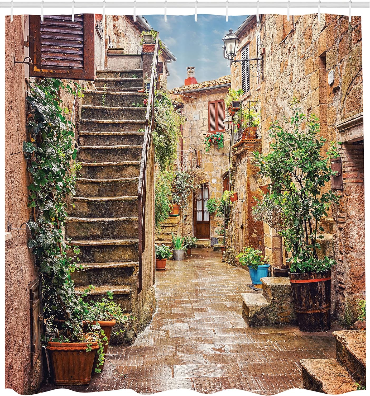 Ambesonne Italian Shower Curtain, View of Old Mediterranean Street Stone Rock Houses in Italy City Rural Print, Cloth Fabric Bathroom Decor Set with Hooks, 69" W x 70" L, Camel Hunter Green 69" W x 70" L Camel Hunter Green