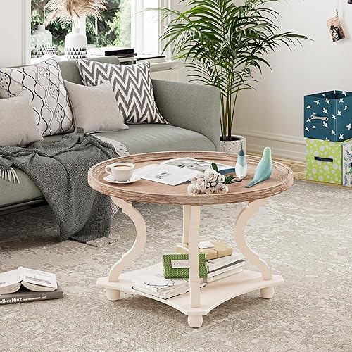 Miniatura 8 de LONYKE Mesa auxiliar redonda de granja con acabado hecho a mano, bandeja de madera con parte superior rústica para mayor grosor, mesa auxiliar con