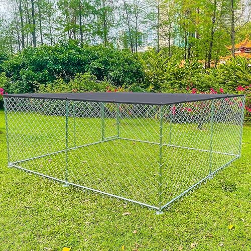 Perrera grande para perros al aire libre, jaula de acero resistente al aire libre, corrales galvanizados para perros con cubierta impermeable y UV