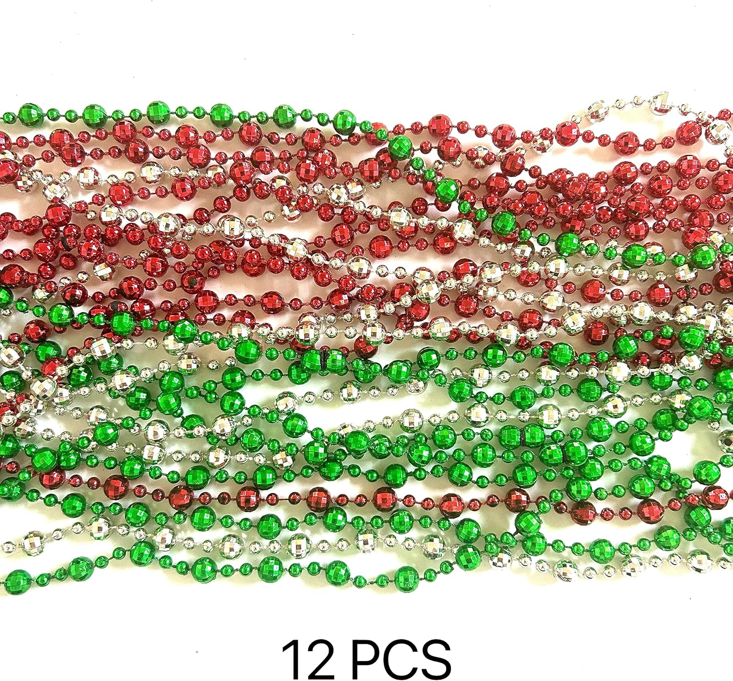 72 Pcs Christmas Red Green Silver Beads Necklaces Bulk Christmas Tree Party Beads Necklaces Gift Decorations