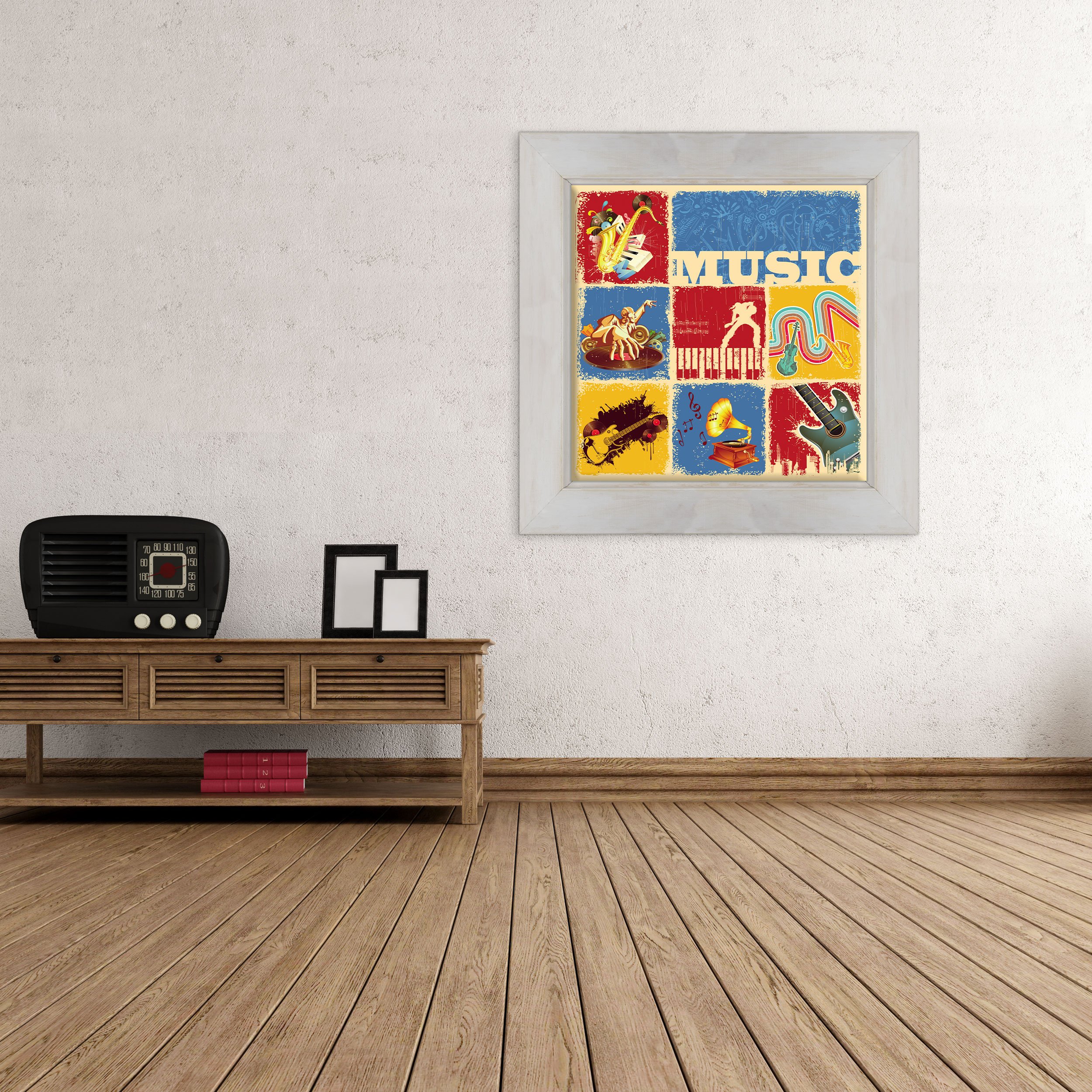 ConKrea Quadro su Tela Canvas INTELAIATO - con Cornice - Musica Arte - Deejay Set - Pop Jazz Rock Blues - Graphic Design - 70x70cm - Stile Country Bianco Shabby - (cod.236)
