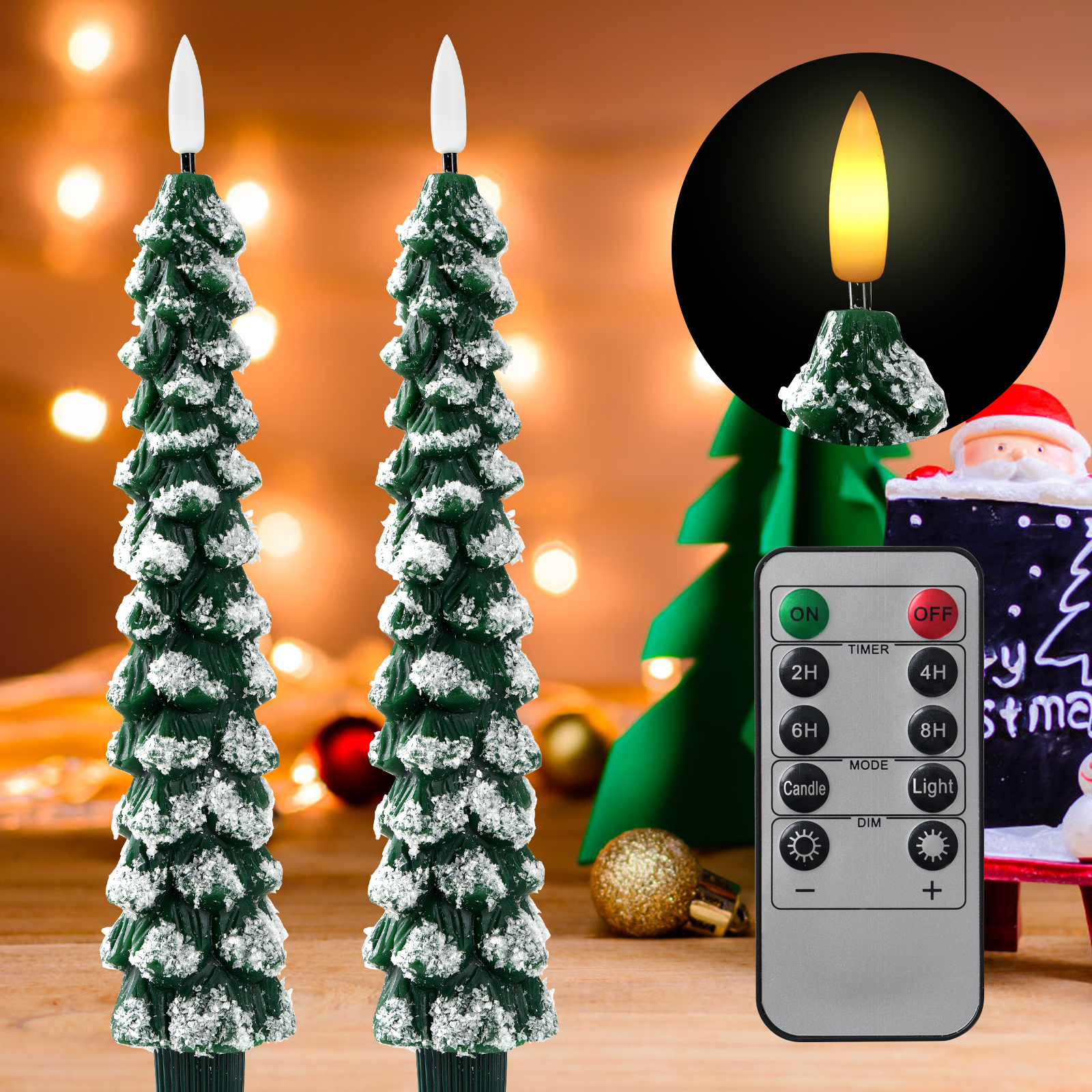 Image of Flameless Christmas Tree Candles with Remote - 2 Pack LED Snowy Tree Battery Operated Candles, Realistic Flickering Flame, Safe Holiday Home Decor for Christmas Decorations & Gifts