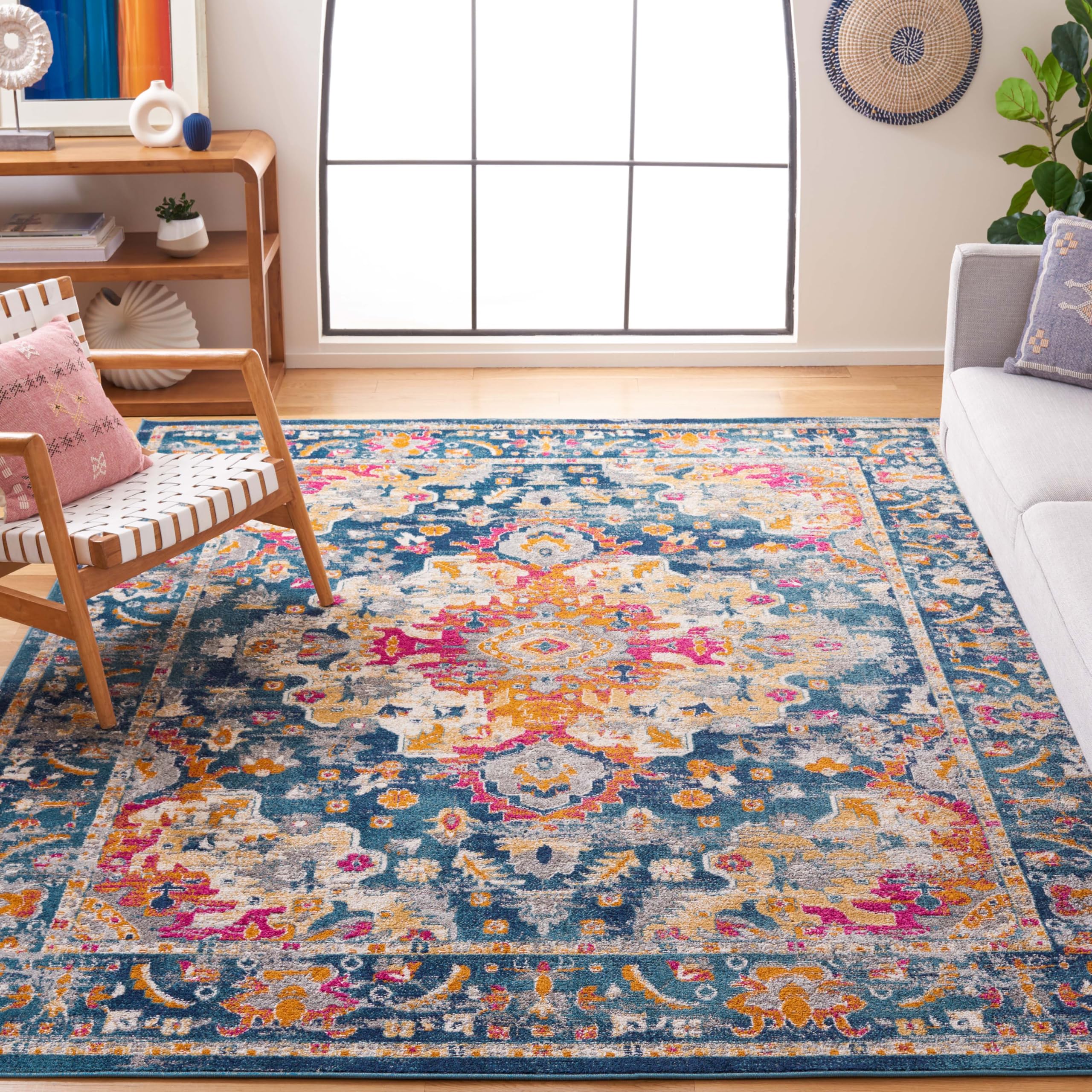 SAFAVIEH Madison Collection Area Rug - 10' x 14', Teal & Fuchsia, Boho Chic Medallion Design, Non-Shedding & Easy Care, Ideal for High Traffic Areas
