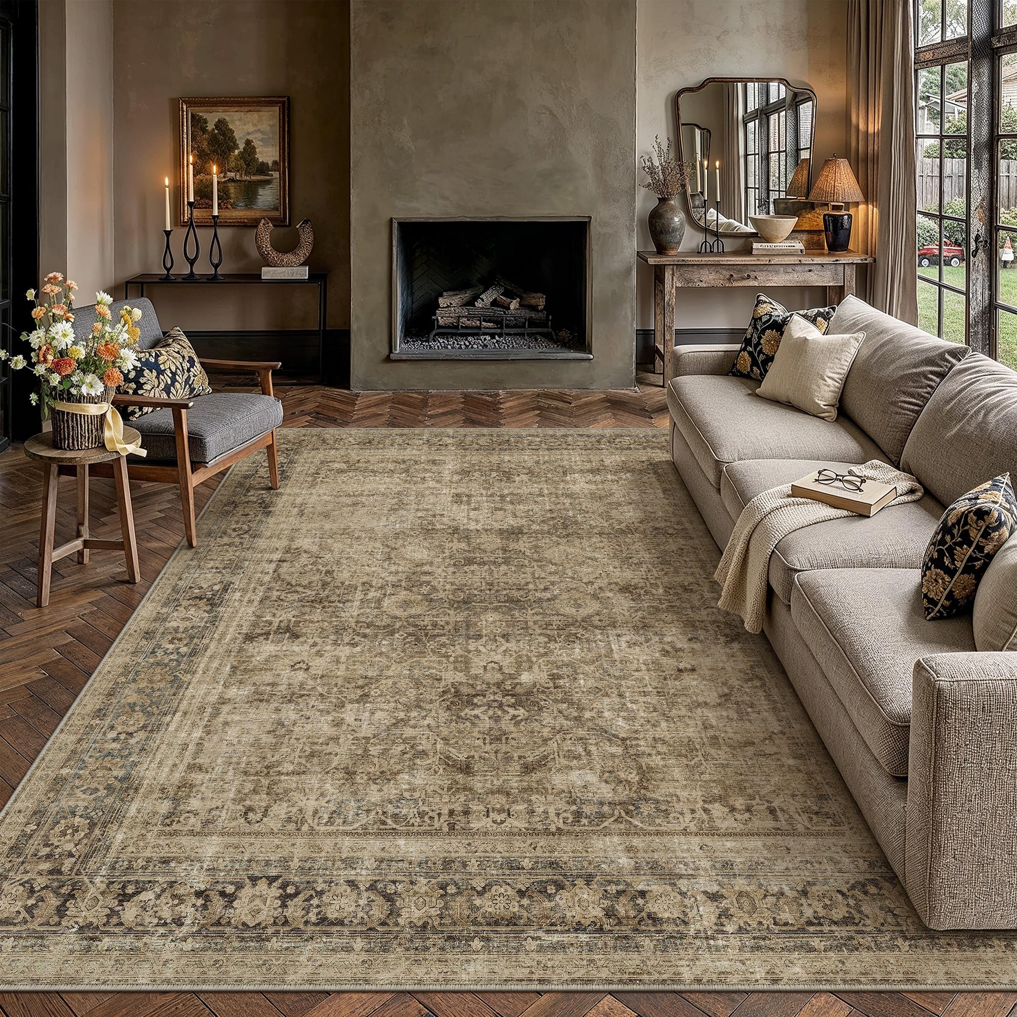 8x10 area rug brown vintage distressed carpet | washable, non slip, soft low pile, indoor retro rugs for large living room, dining room, bedroom