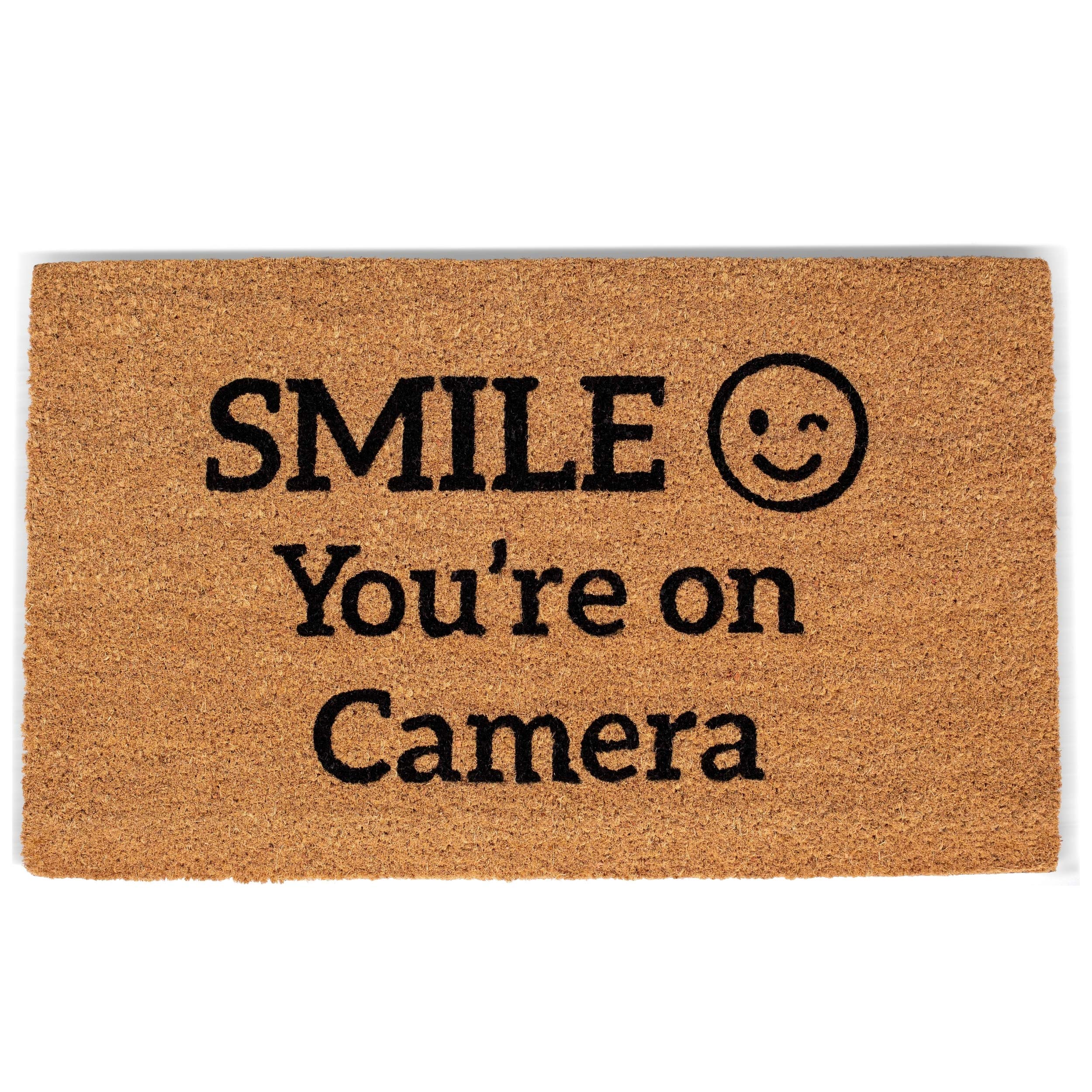 BIRDROCK HOME Smile You're On Camera Doormat - Front Door Mat for Indoor Outdoor Entrance - Black Border Rug for Entryway, Porch, Patio, House, or Backdoor - Low Profile, Easy to Clean - 18x30