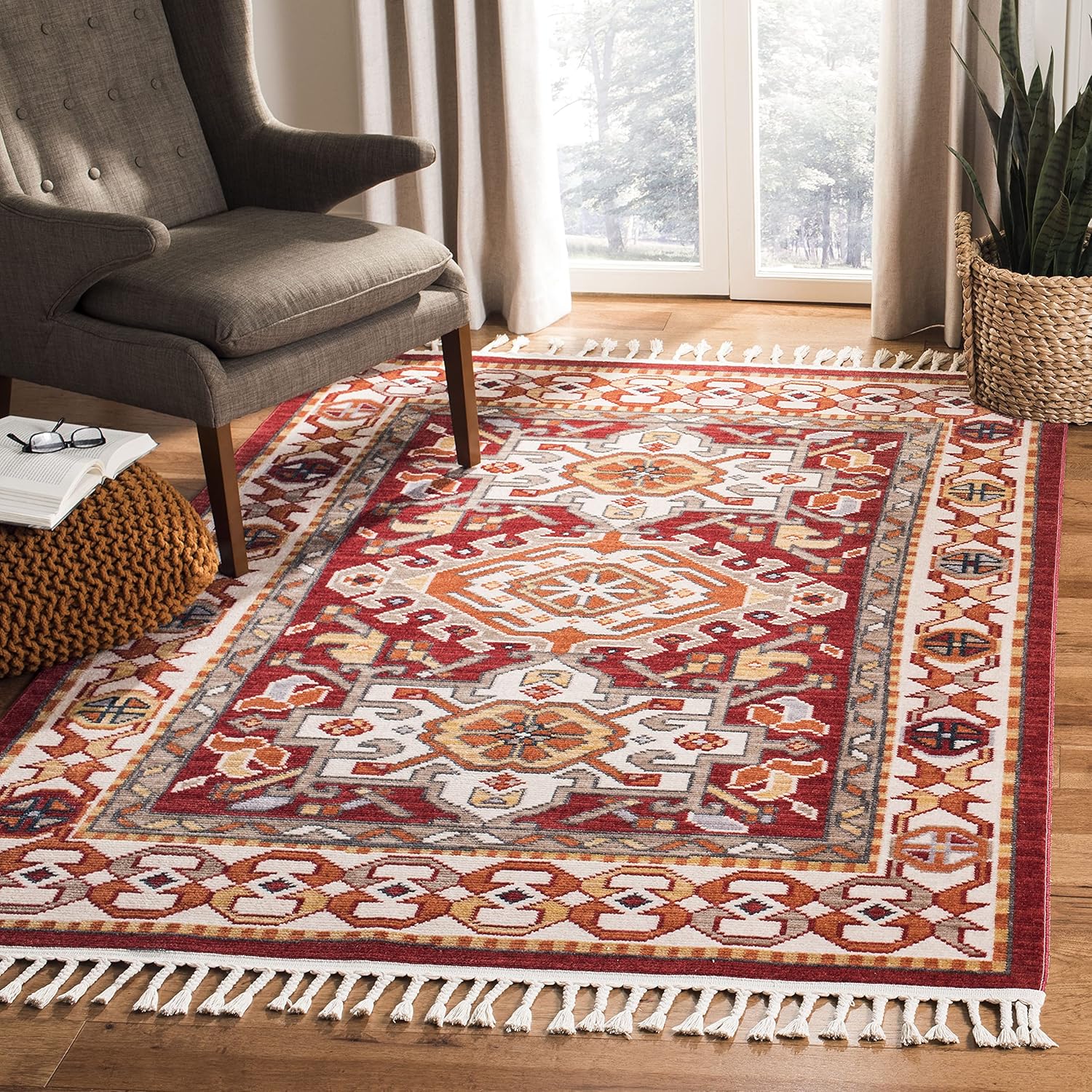SAFAVIEH Farmhouse Collection 2'1" x 8' Ivory/Red FMH825A Oriental Tribal Tassel Runner Rug