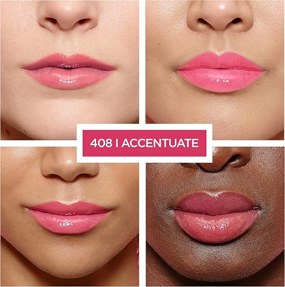L'Oréal Paris Lip Gloss, Plumping and Hydrating, with Hyaluronic Acid and Collagen Complex, Glow Paradise Balm-In-Gloss, 408 I Accentuate (Pack of 2)