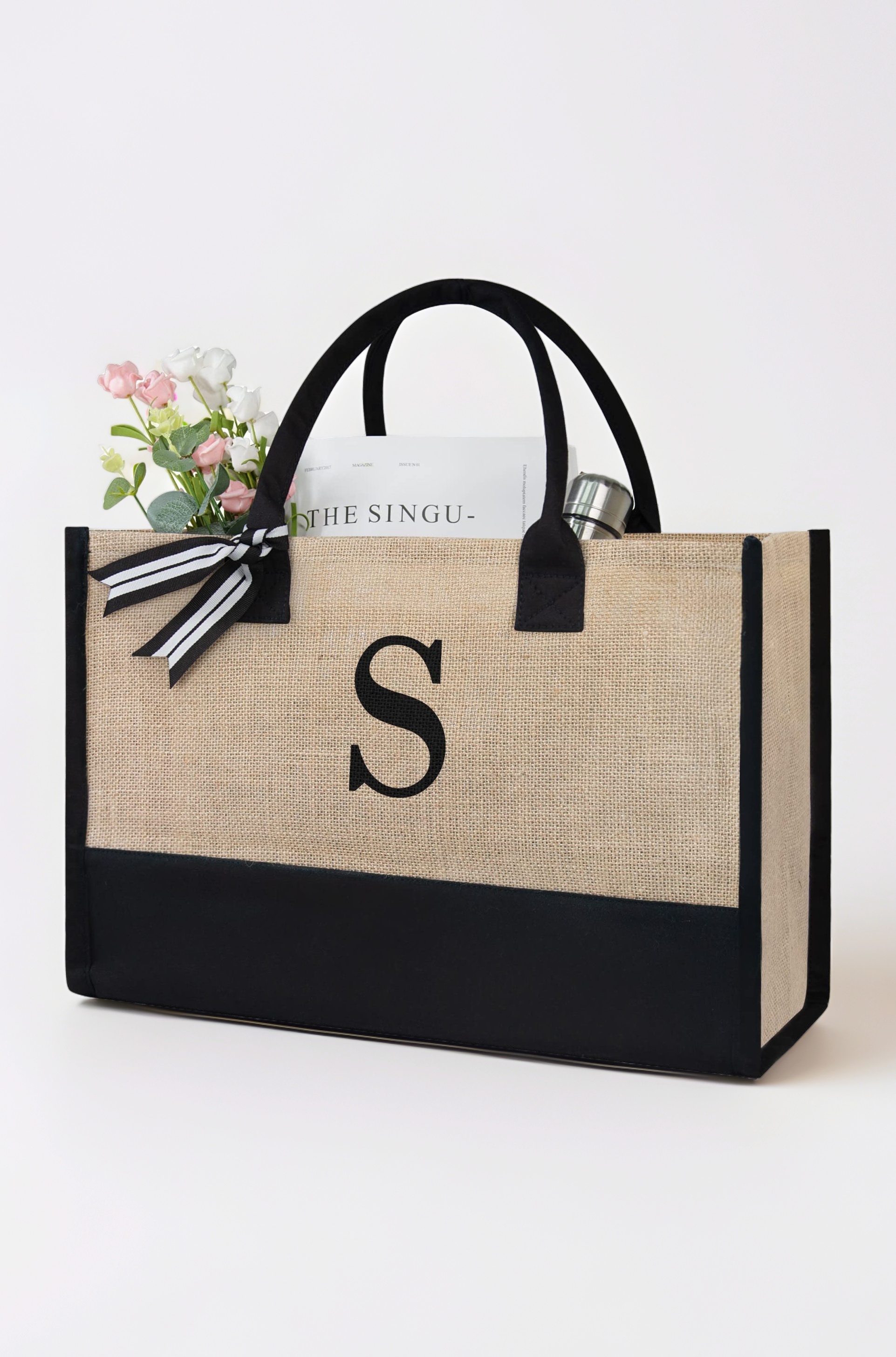 TOPDesign Personalized Initial Jute Bag, Tote Bag for Women