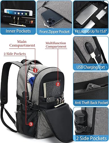 Miniatura 2 de ProEtrade Mochila antirrobo para computadora portátil para hombres y mujeres, para negocios, trabajo, viajes, con puerto de carga USB, Gris,