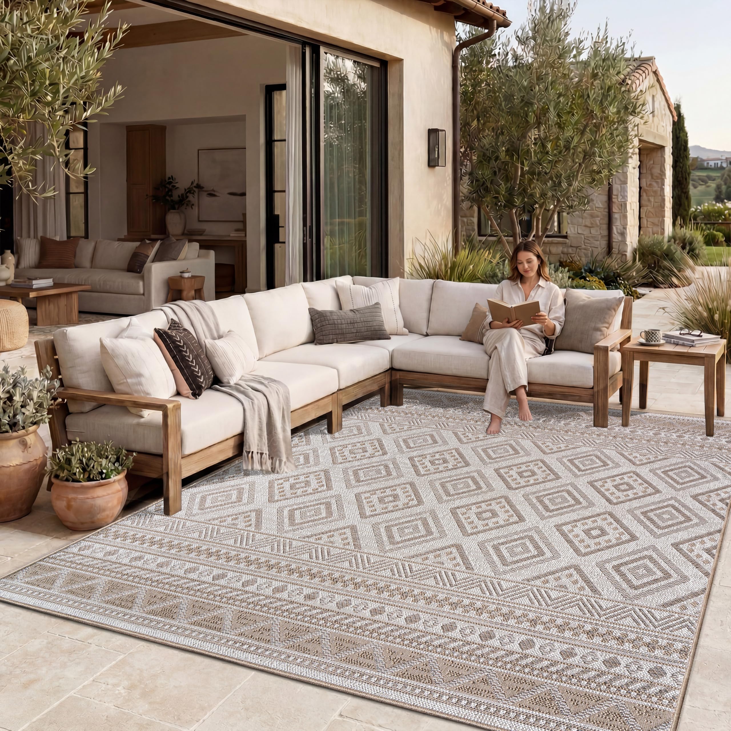 Paco Home Outdoor Teppich, Wetterfest, UV-beständig & Pflegeleicht, Flachgewebe Modern Boho-Style. Ideal für Terrasse Balkon Wohnzimmer & Küche, Grösse:200x280 cm, Farbe:Beige 2