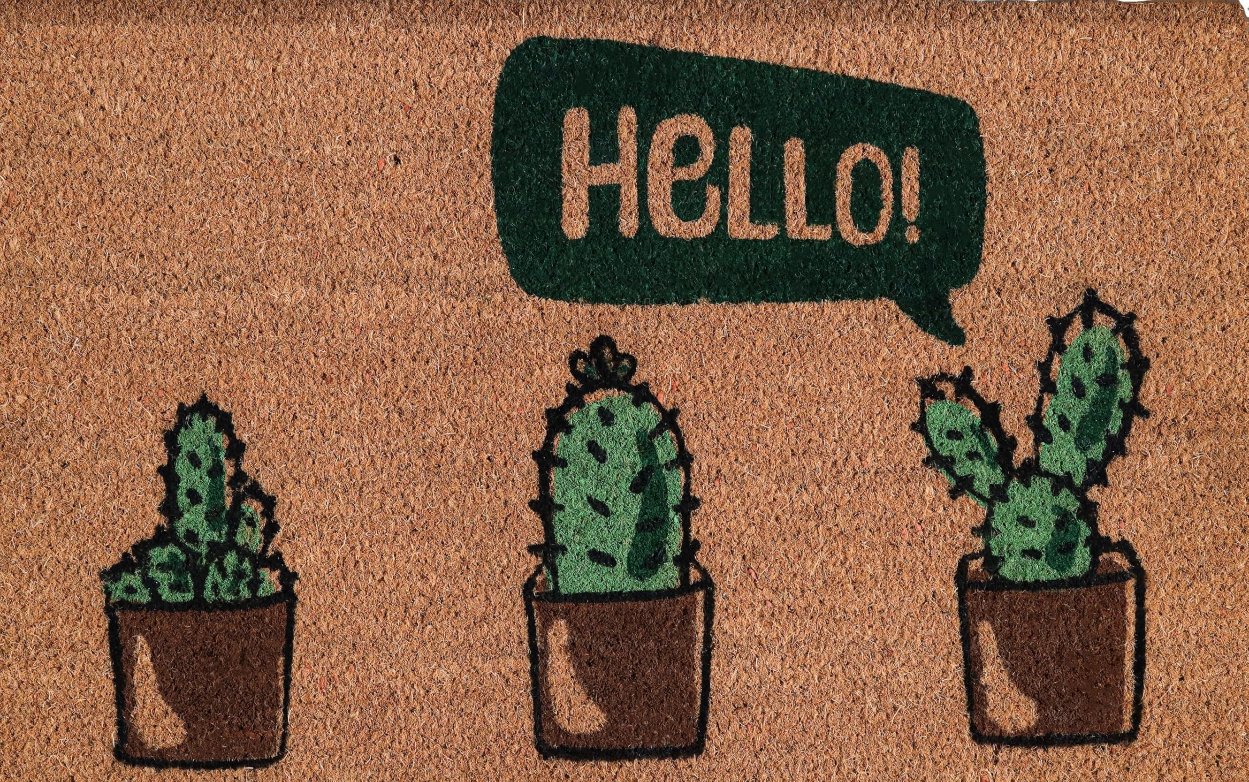 COCONIQ Coir Door Mats 43x76 cm, Non-Slip Sturdy, PVC Backed Heavy Duty, Easy to Clean, Ideal for Door Entrance, Patio, Porch, Backyard, Garages, Hello Cactus