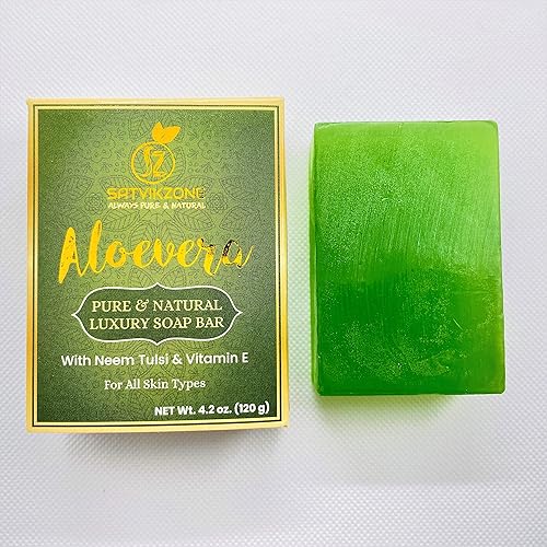 Aloevera - Jabón de lujo con extractos de neem y tulsi y vitamina E, natural, hecho a mano con aceites esenciales 100% puros, apto para veganos, 4.2