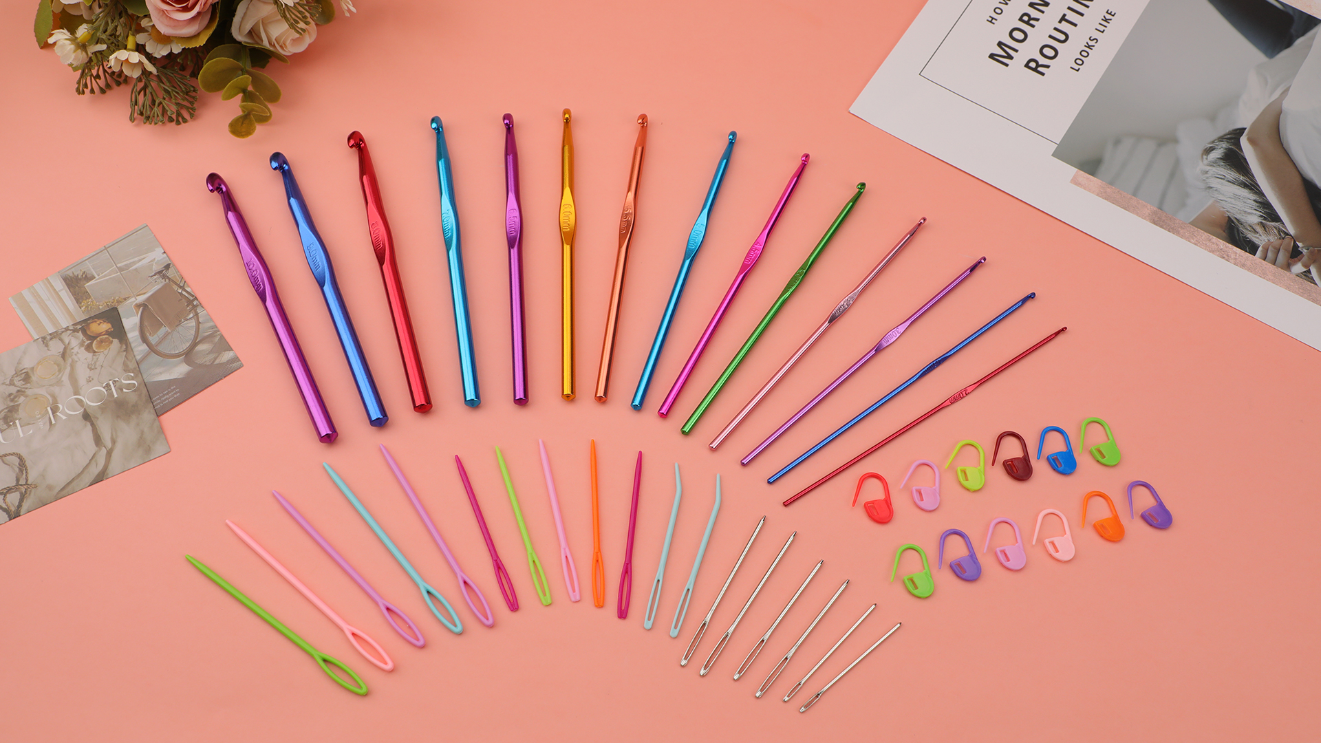 Kit De 29 Crochets à Tricoter GLARKS - 9 Tailles De 2 à 6 Mm, Ergonomiques Avec Poignées En Caoutchouc, Inclus Aiguilles à Fil Et Marqueurs - 12