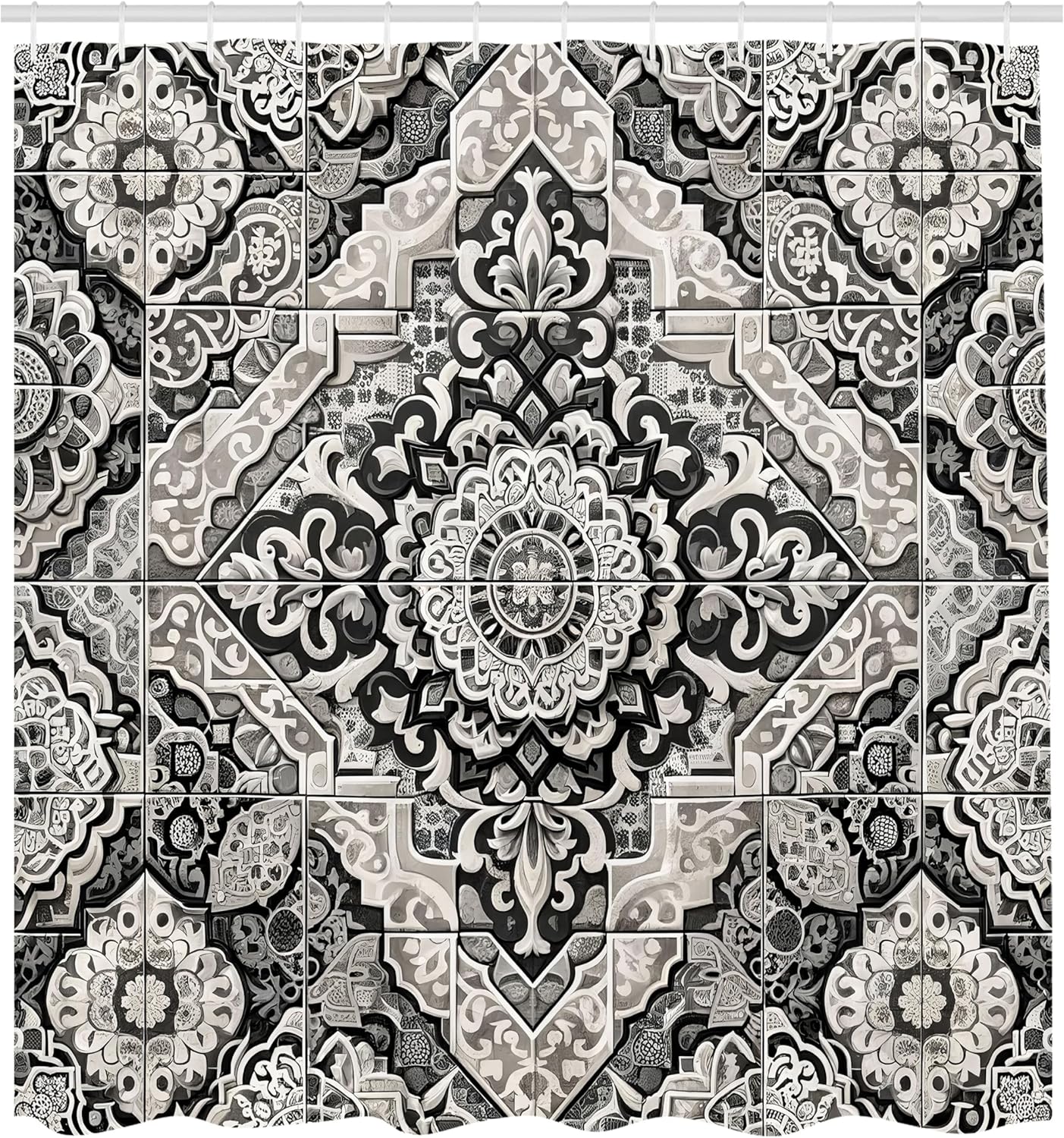 Ambesonne Grey Shower Curtain, Eastern Mosaic Look Print of Blooming Moroccan Tiles Art with Victorian Leaves, Cloth Fabric Bathroom Decor Set with Hooks, 69" W x 70" L, Pale Mustard Pearl