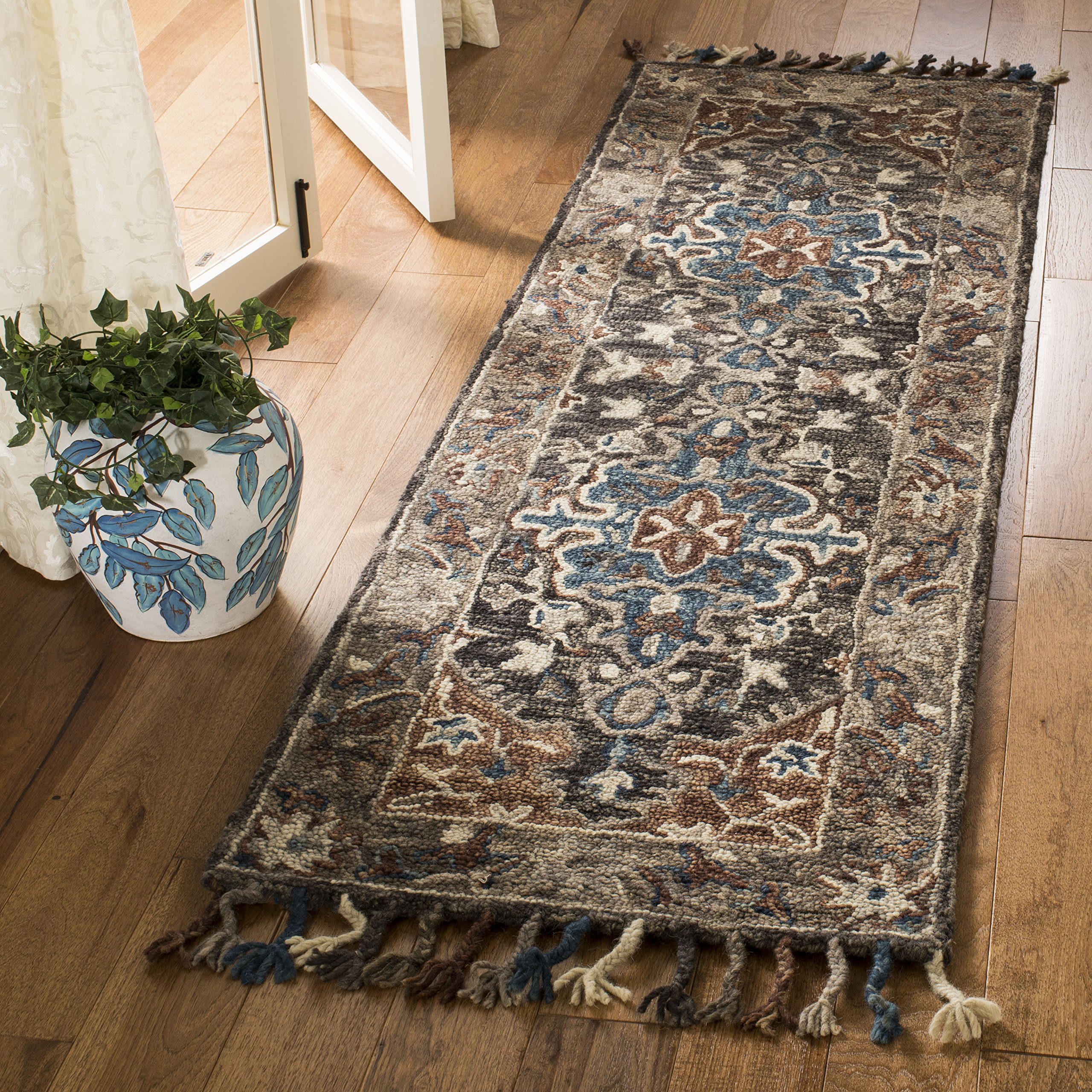 SAFAVIEH Aspen Collection Runner Rug - 2'3" x 9', Charcoal & Light Brown, Handmade Boho Braided Tassel Wool, Ideal for High Traffic Areas in Living Room, Bedroom (APN112A)