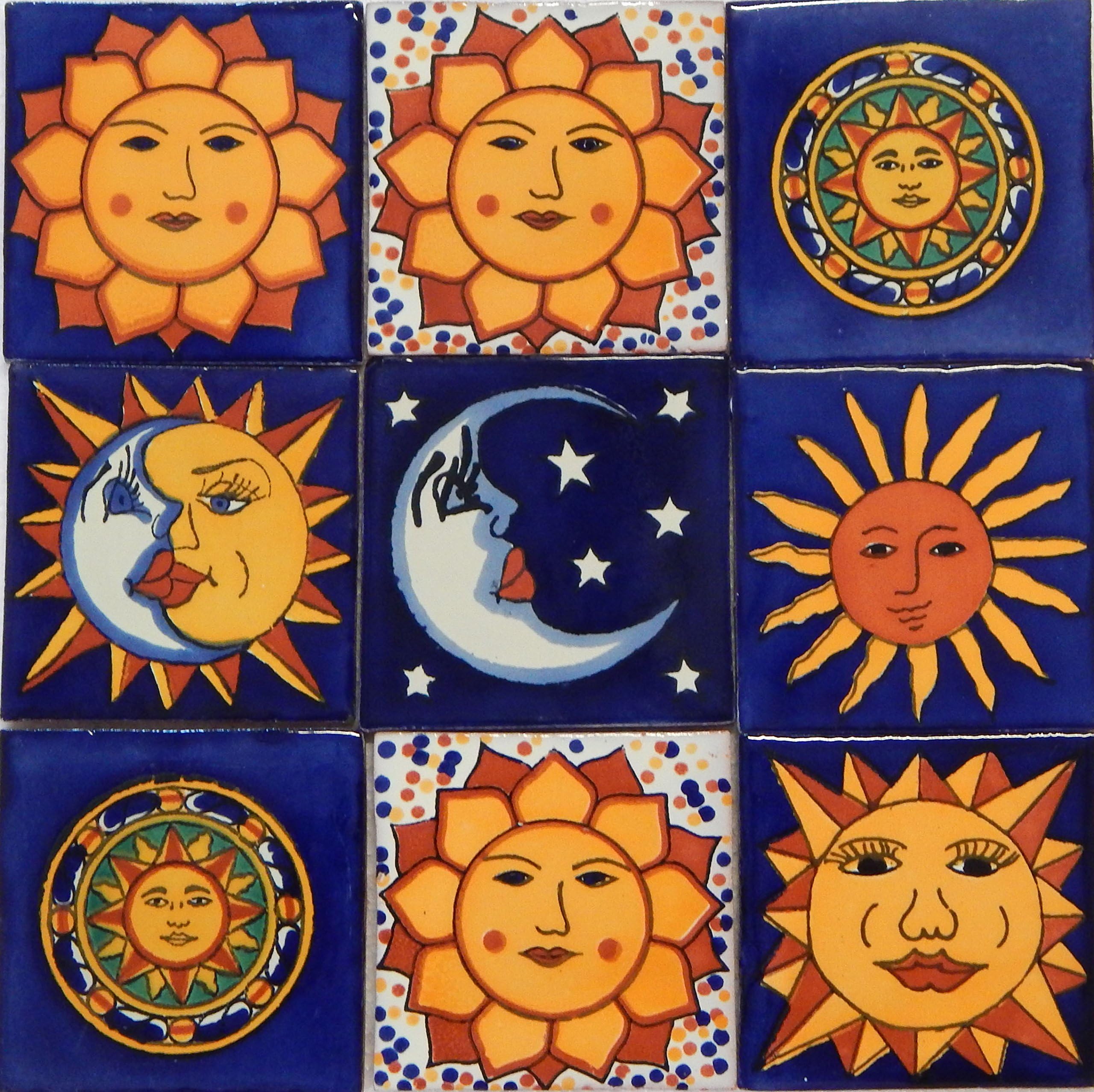 Sun Moon Talavera Mexican Tile 4x4 Hand Painted