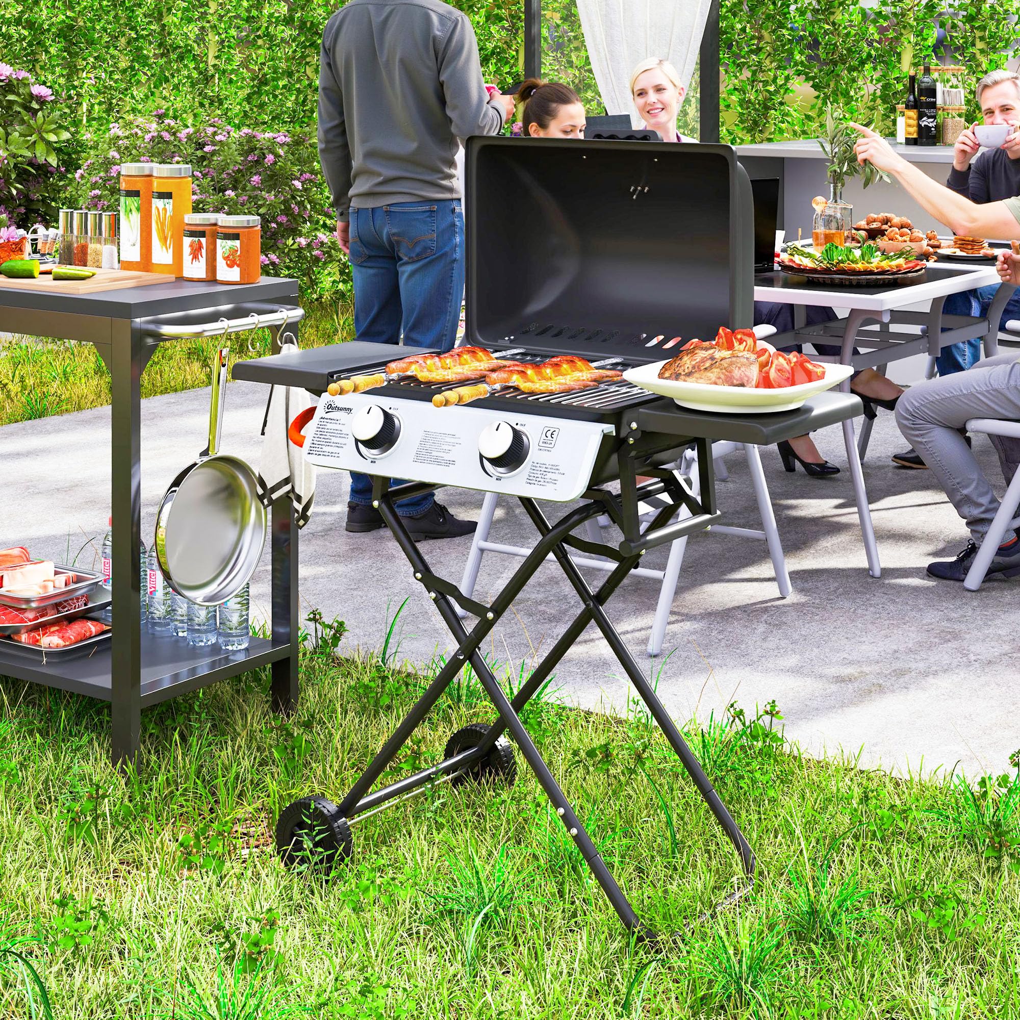 Outsunny Barbacoa de gas portátil plegable, 2 quemadores de 5,6 kW barbacoa de gas de camping con rejilla de cocina, estantes laterales, tapa, termómetro y ruedas, para camping, jardín y balcón negro