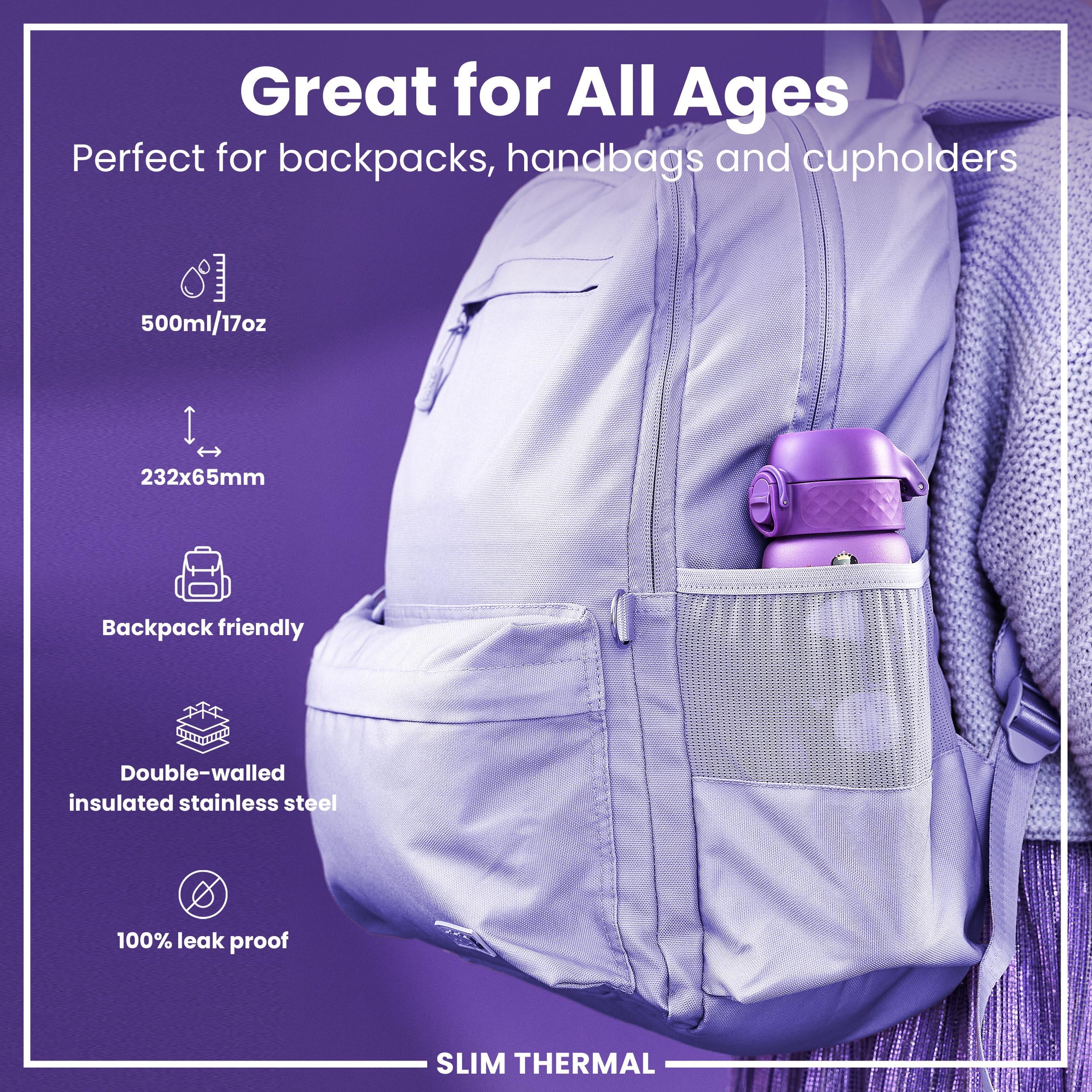 Ion8 Vacuum Insulated Steel Water Bottle, 500 ml/17 oz, Leak Proof, Easy to Open, Secure Lock, Dishwasher Safe - Image 2